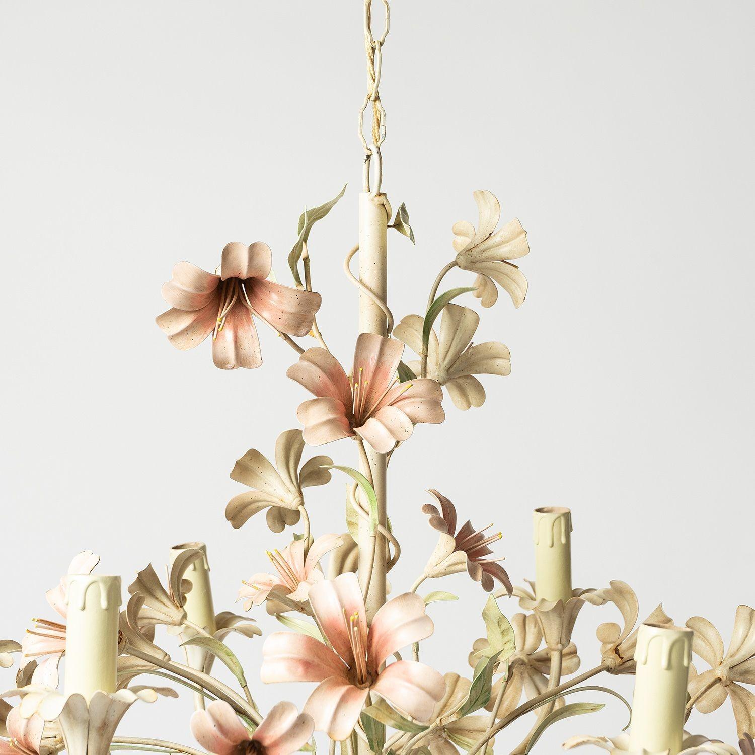 Hand-Painted Large Floral Toleware Chandelier with Hibiscus Flowers