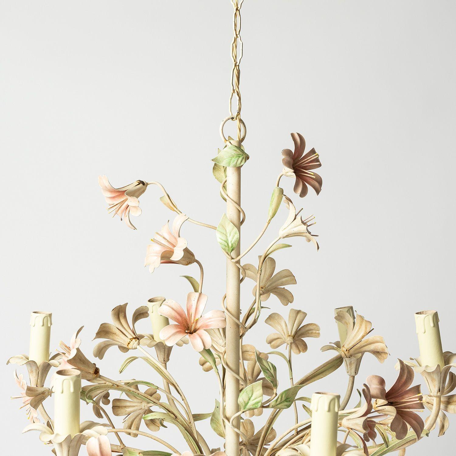 Large Floral Toleware Chandelier with Hibiscus Flowers In Good Condition In Bristol, GB