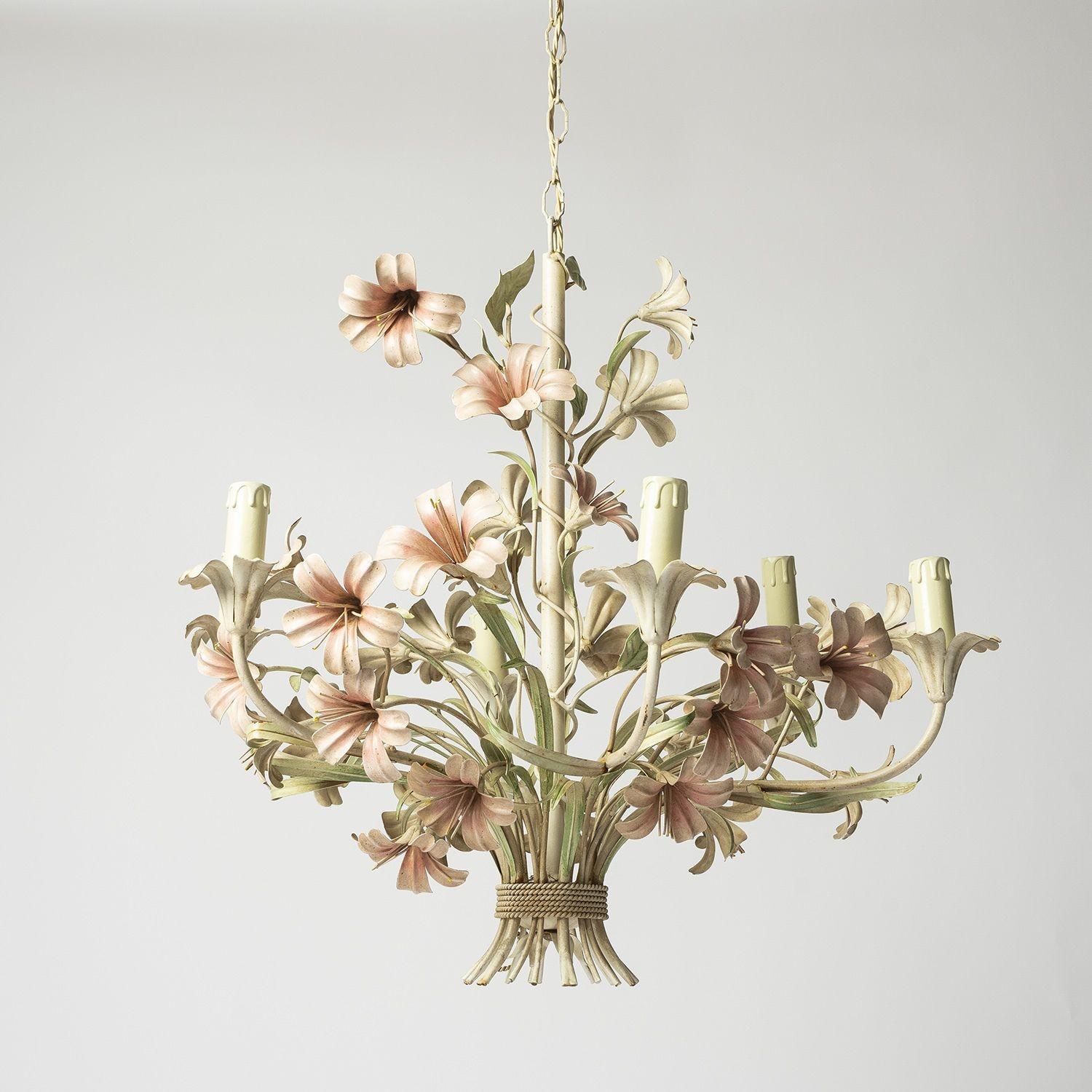 20th Century Large Floral Toleware Chandelier with Hibiscus Flowers