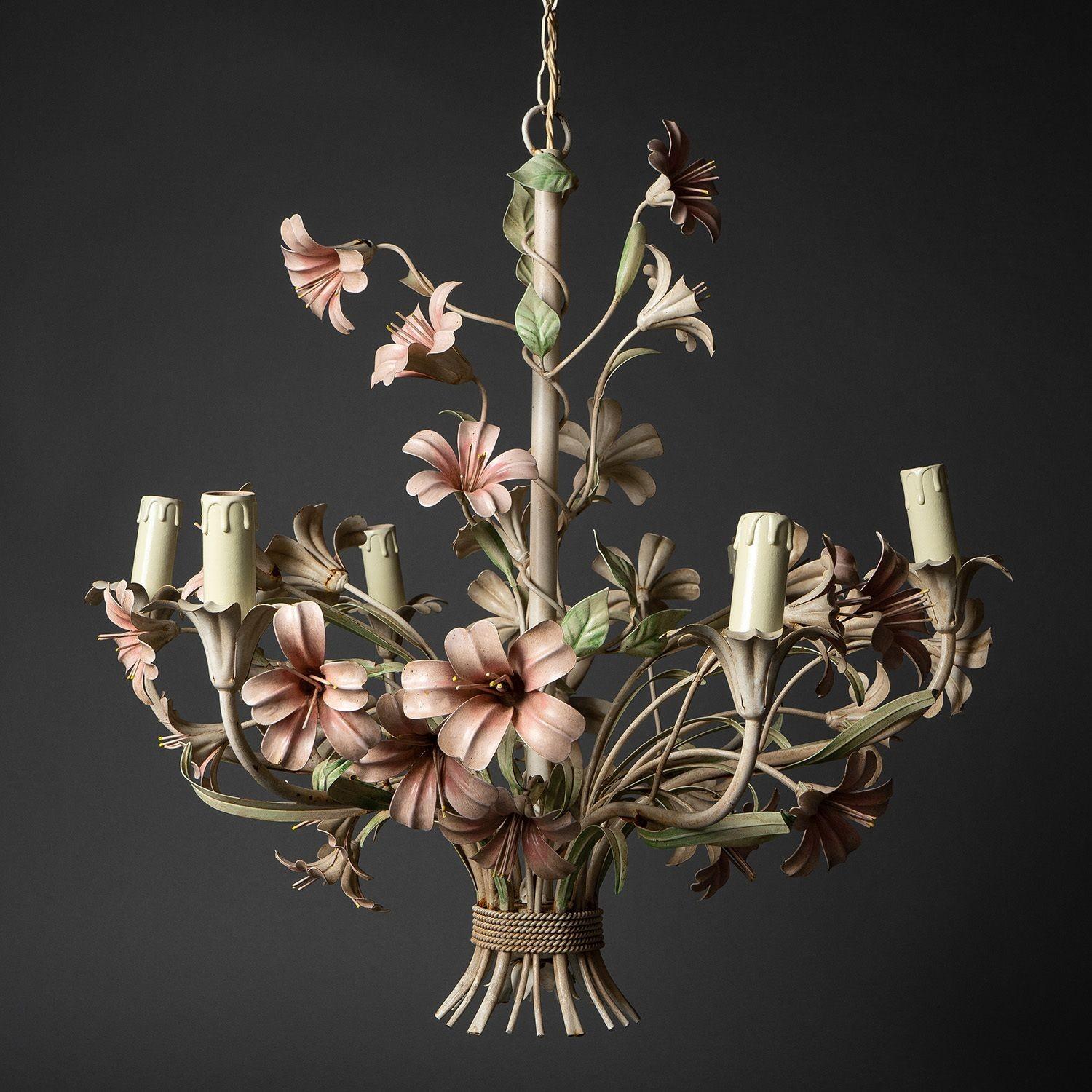 Metal Large Floral Toleware Chandelier with Hibiscus Flowers