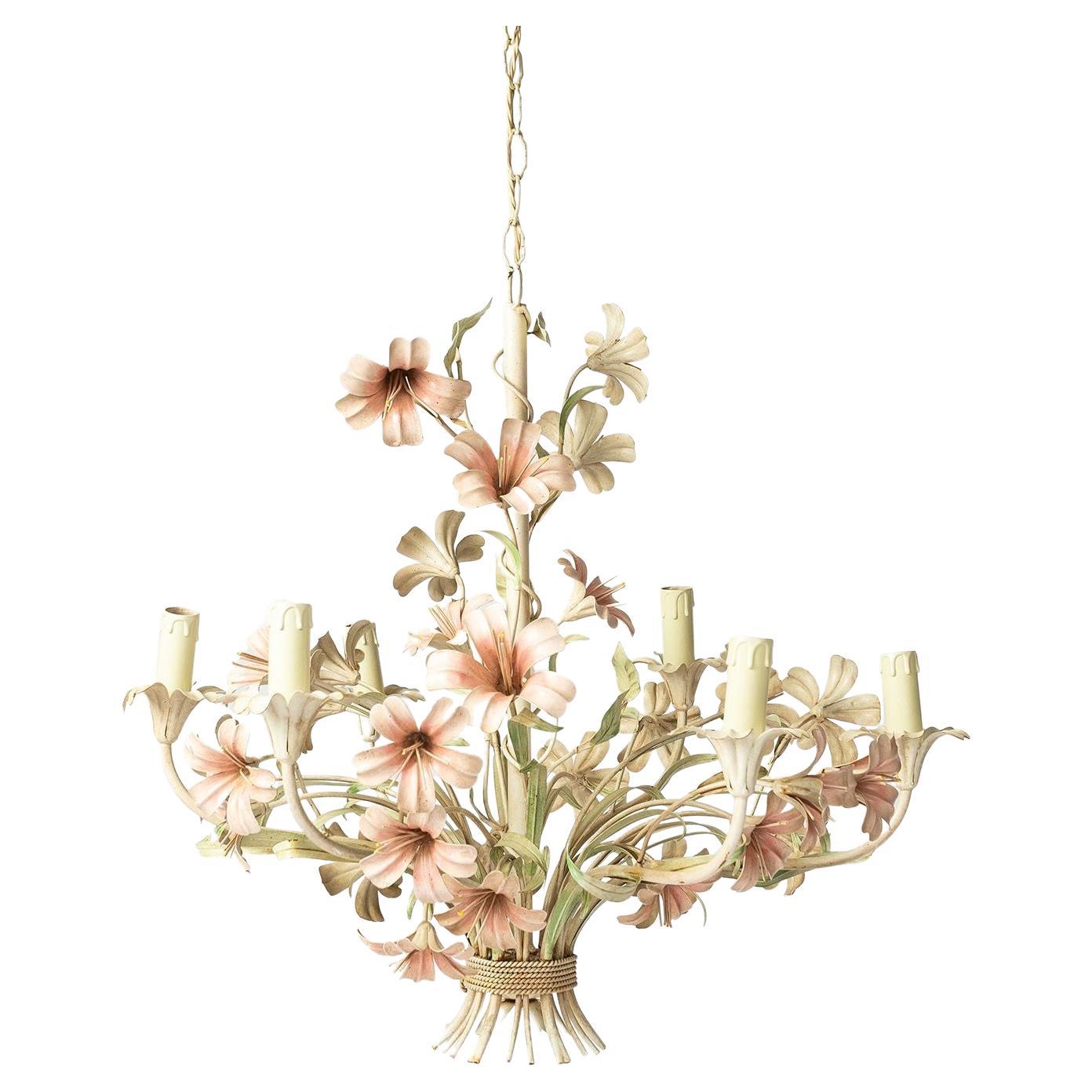 Large Floral Toleware Chandelier with Hibiscus Flowers