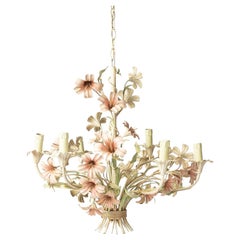 Vintage Large Floral Toleware Chandelier with Hibiscus Flowers
