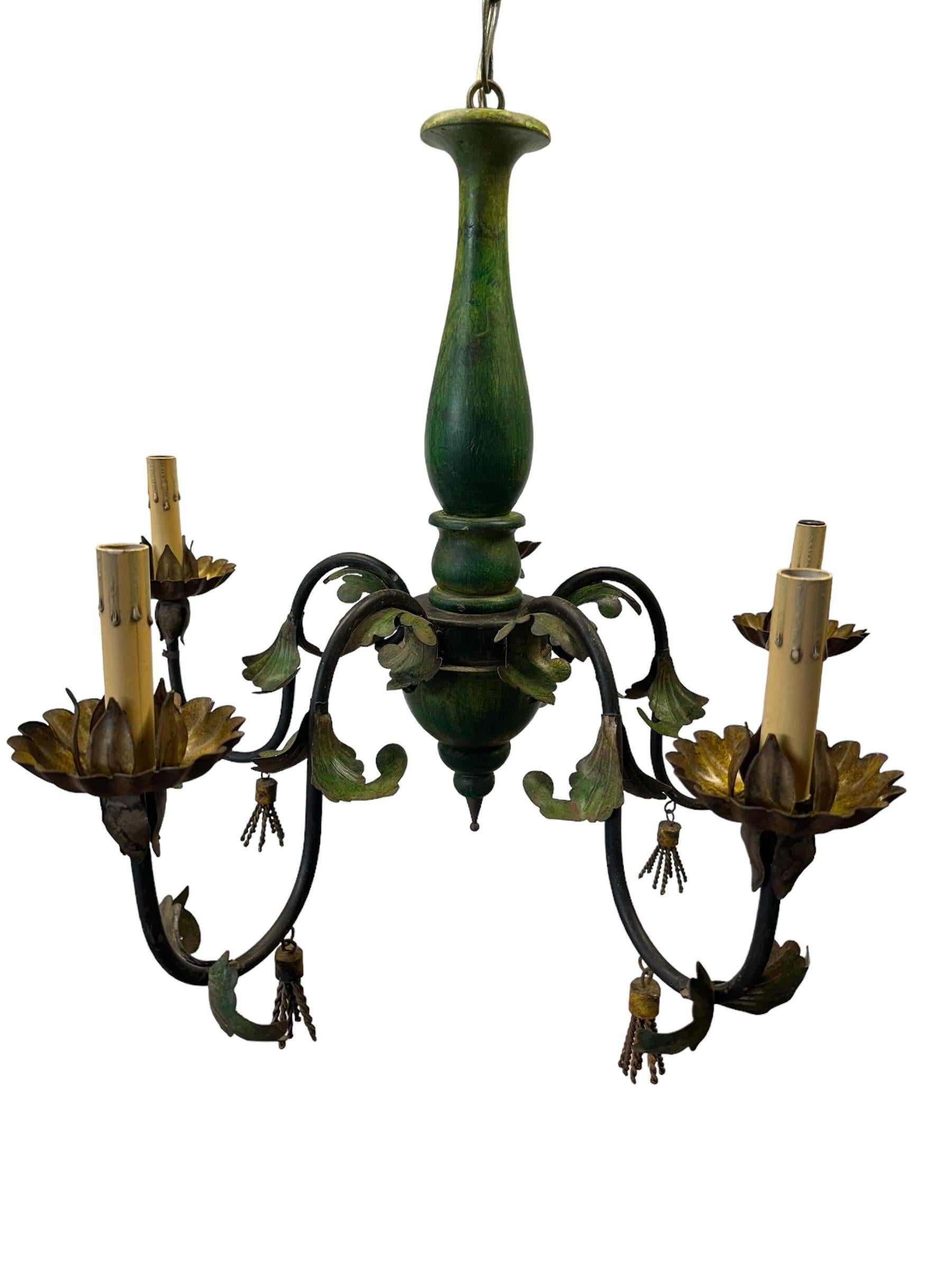 Large Floral Vintage Italian Tole Chandelier For Sale 4