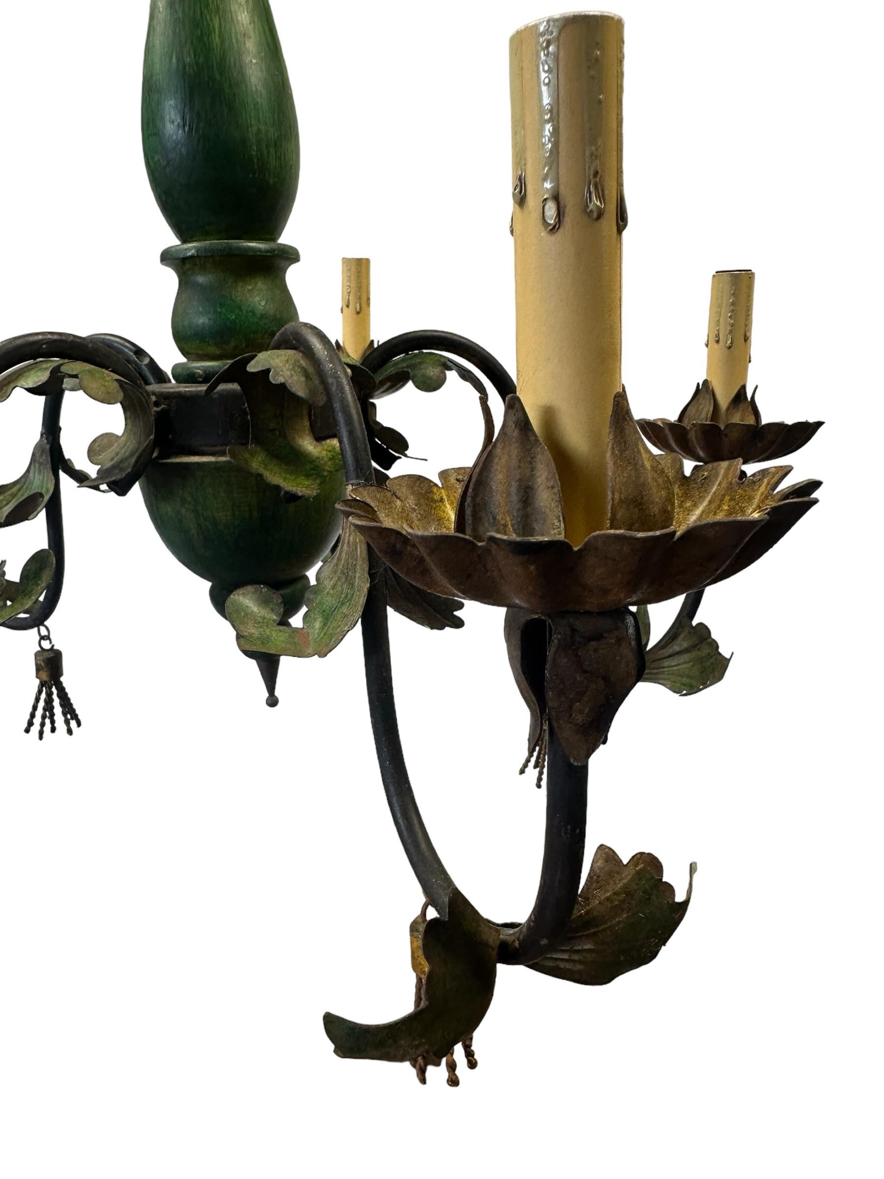 Metal Large Floral Vintage Italian Tole Chandelier For Sale
