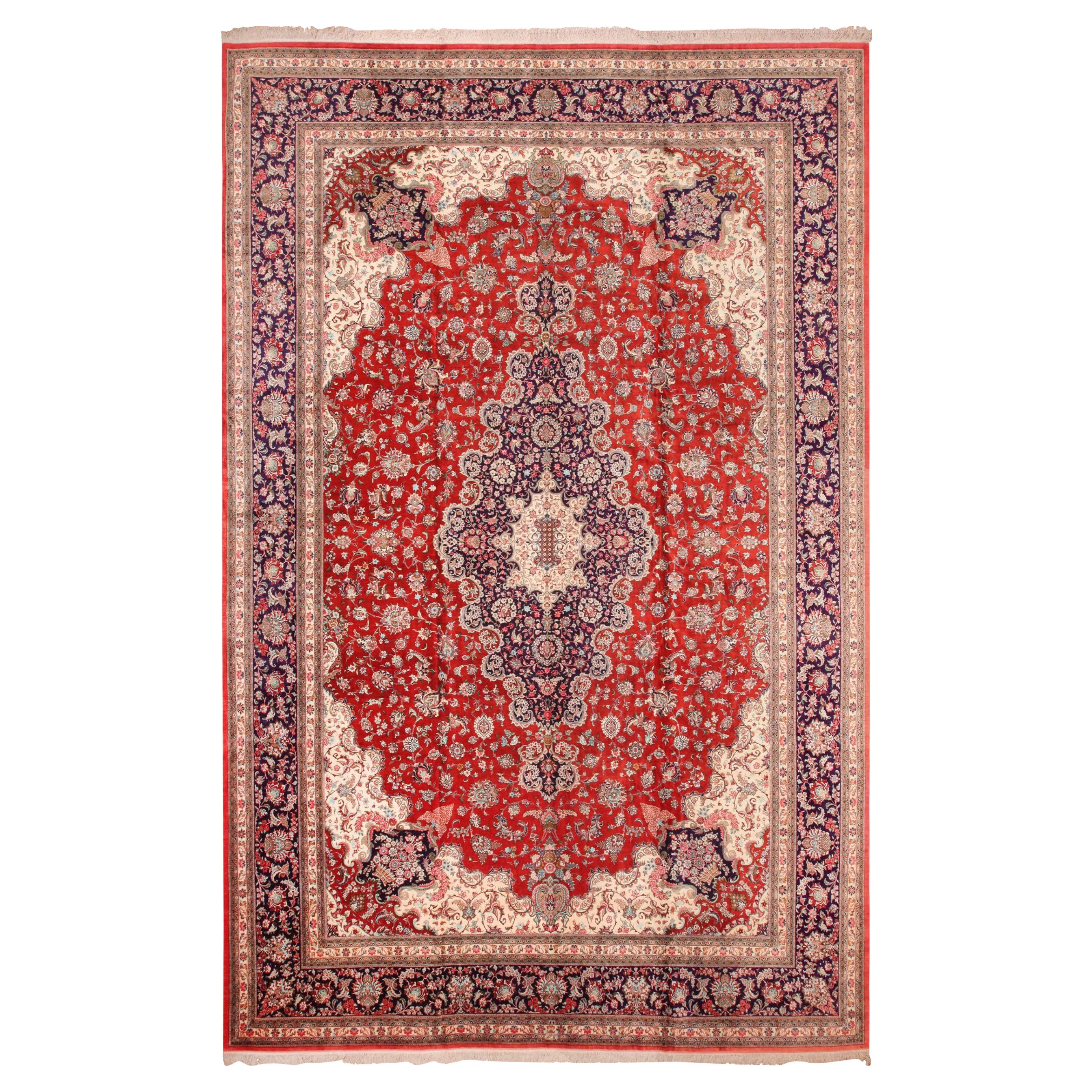 Large Floral Vintage Persian Silk Qum Rug. Size: 13 ft x 19 ft 9 in 
