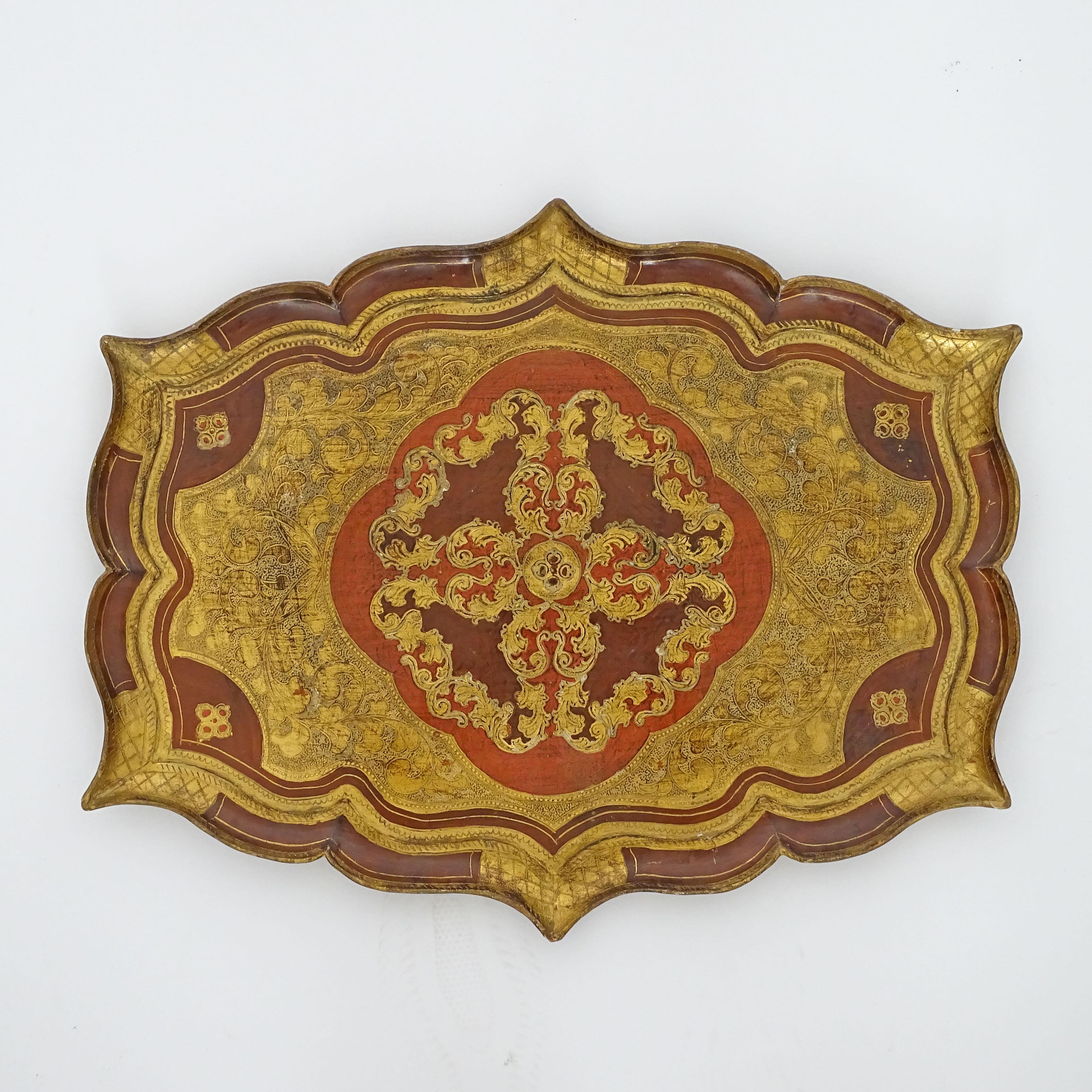 Mid-Century Modern Large Florentine 1950s Engraved Wood and Coloured Lacquer Serving Tray For Sale