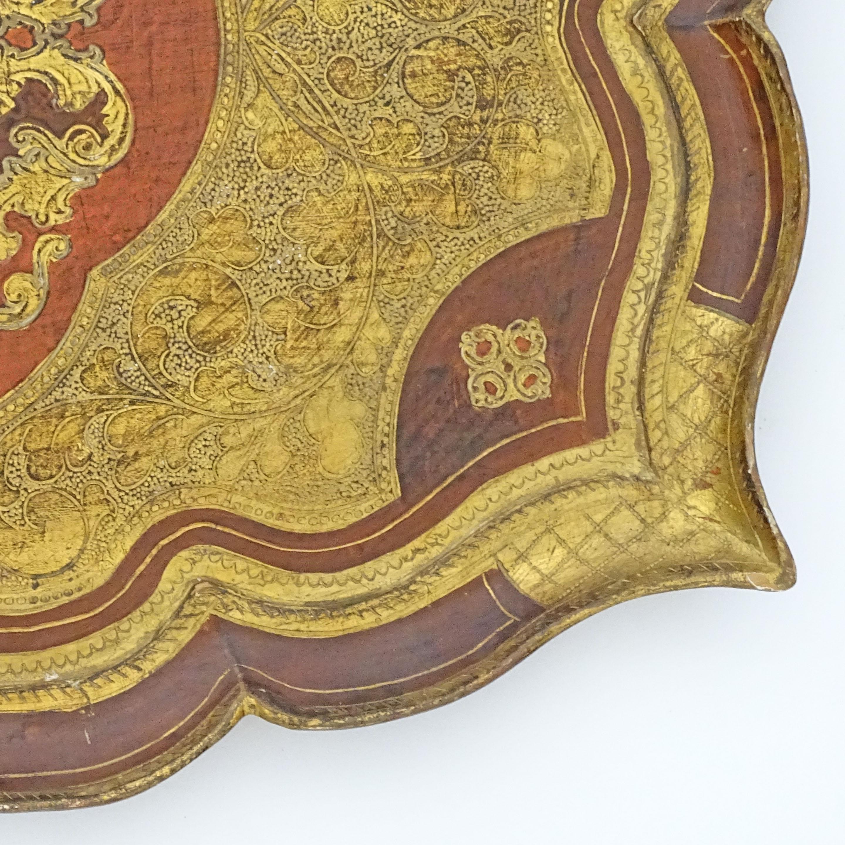 Italian Large Florentine 1950s Engraved Wood and Coloured Lacquer Serving Tray For Sale