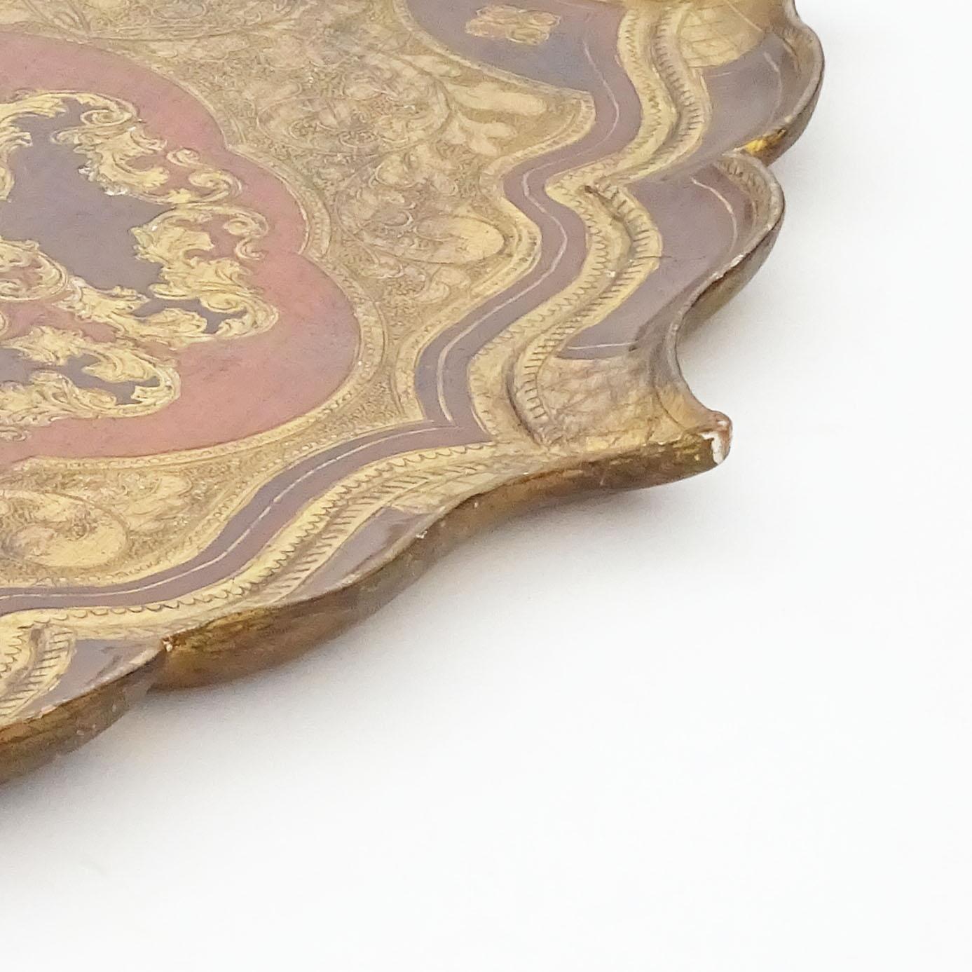 Large Florentine 1950s Engraved Wood and Coloured Lacquer Serving Tray For Sale 3
