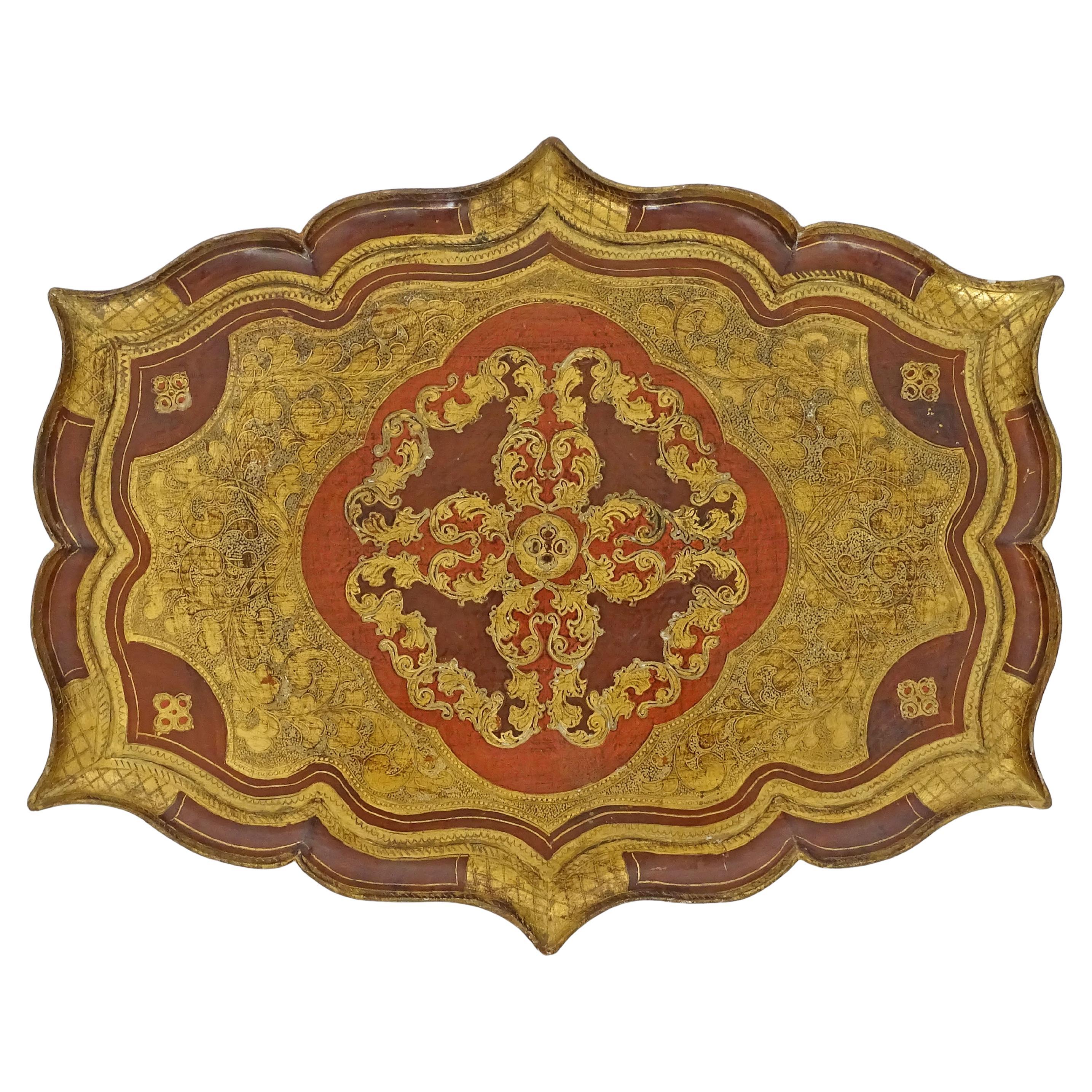 Grande vassoio da portata Florentine anni '50 in Wood inciso e lacca colorata