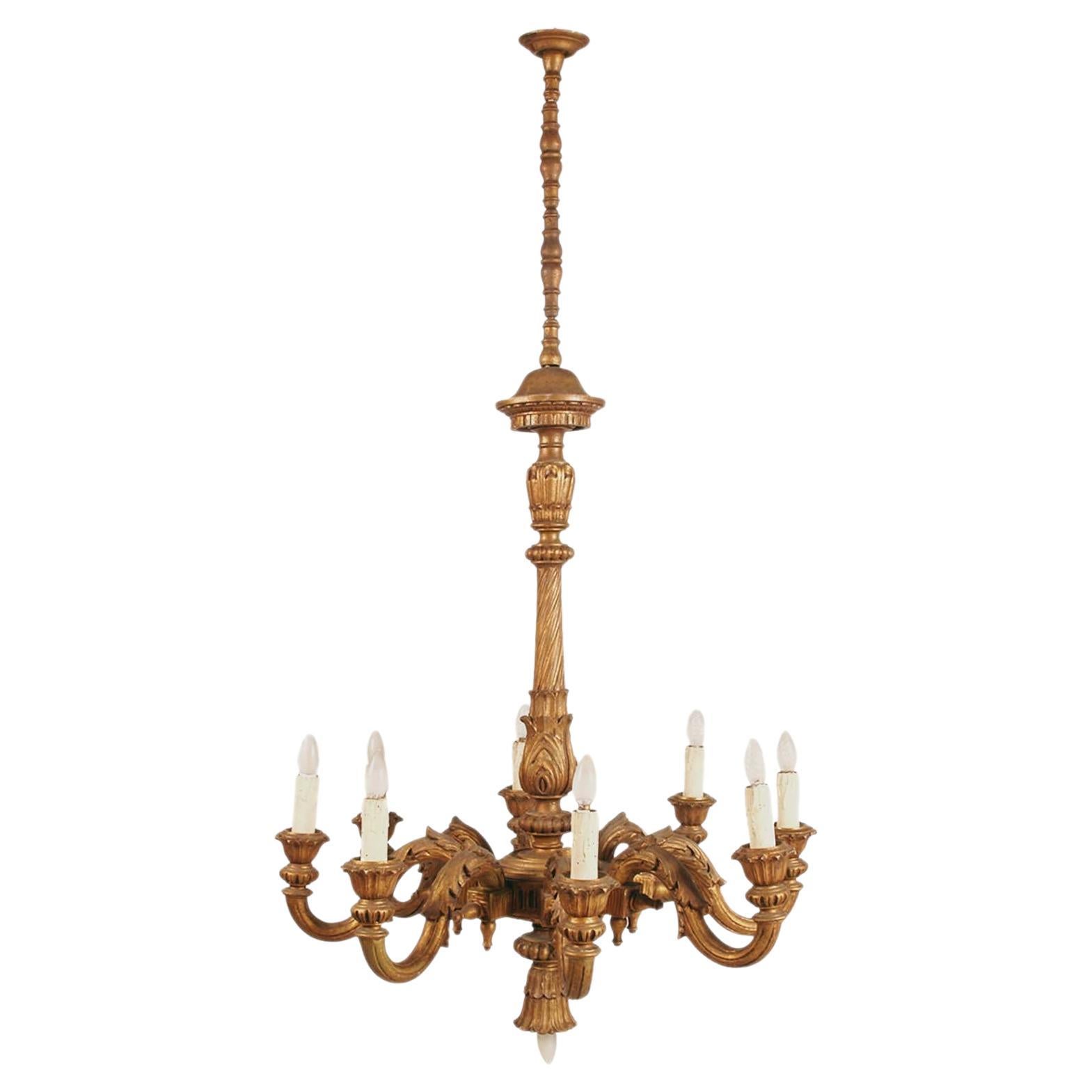 Grande lampadario barocco fiorentino in noce intagliato a mano e foglia d'oro, 9 luci