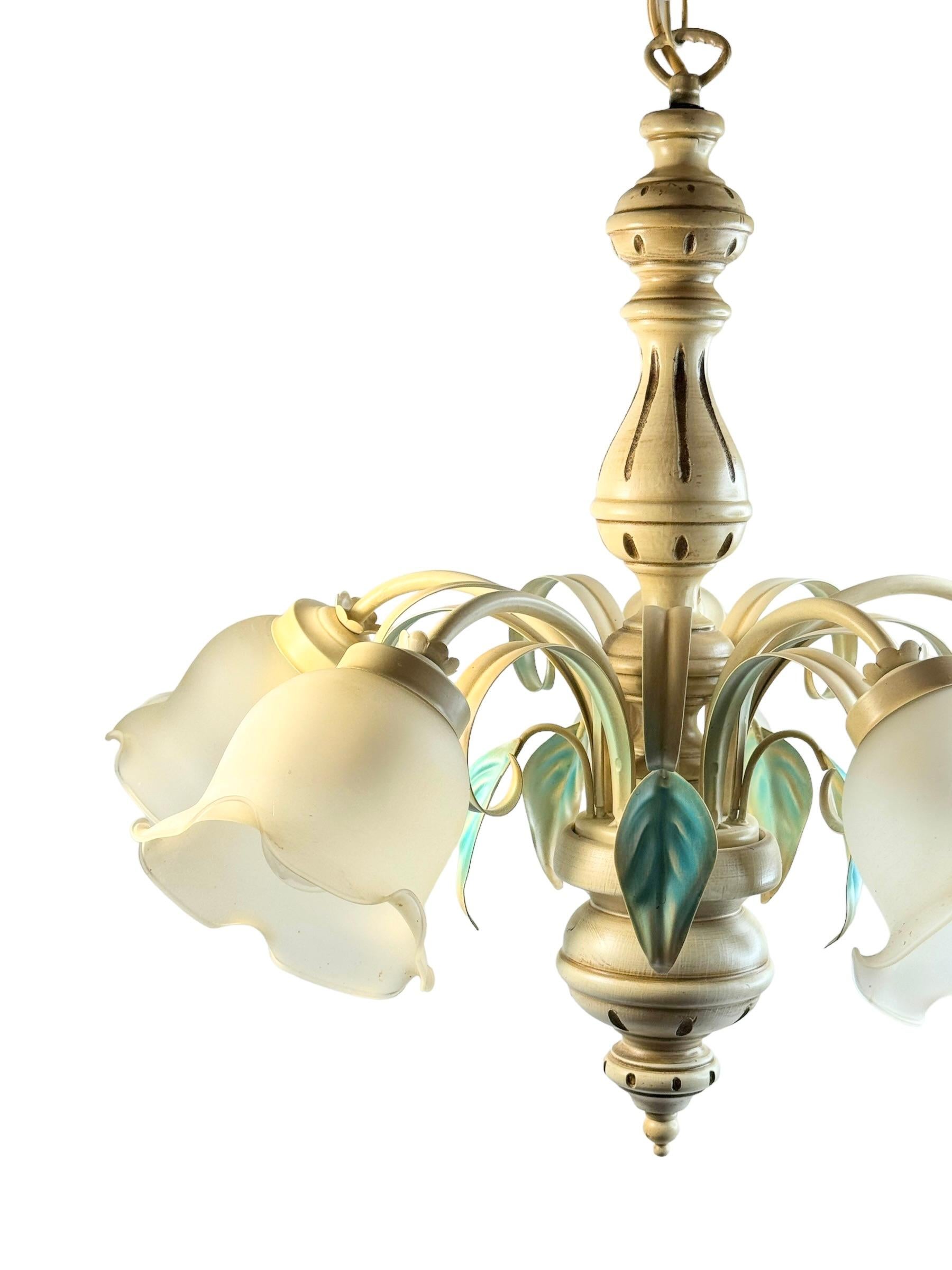 Fin du 20e siècle Grand lustre à 5 lumières en bois polychrome de style Florentine Baroque EGLO Leuchten en vente