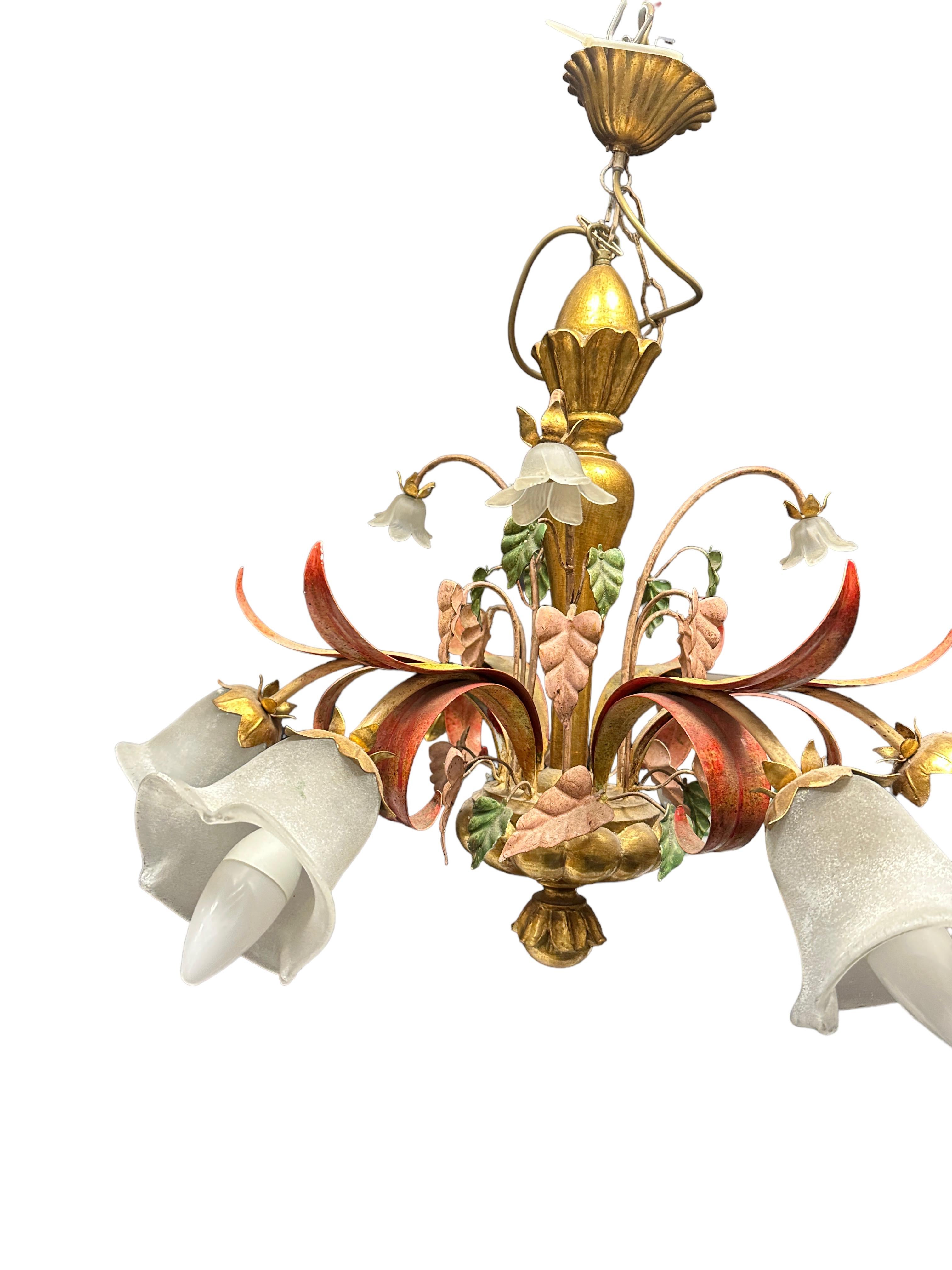 Large Florentine Baroque Style Polychrome Wood 6 Light Chandelier Italy, 1980s For Sale 5