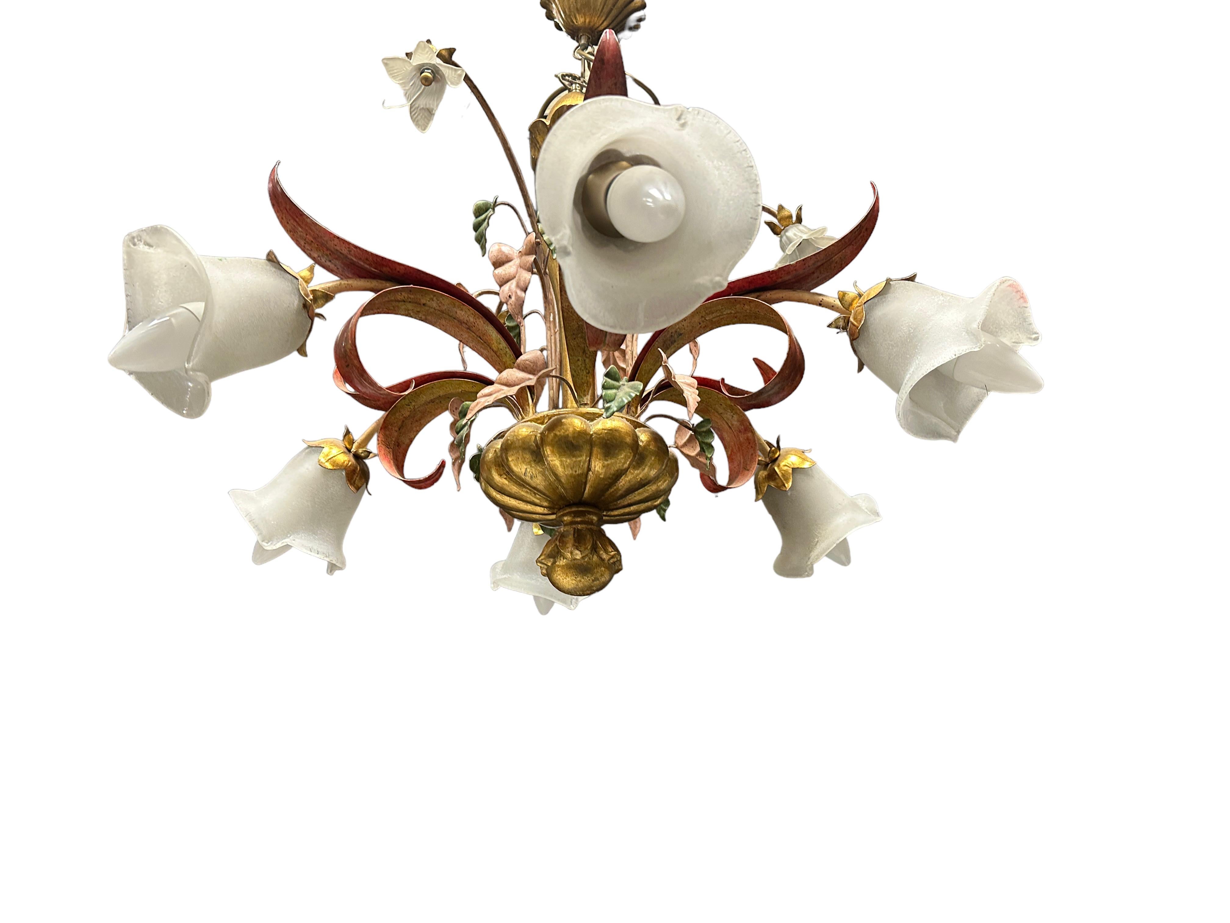 Large Florentine Baroque Style Polychrome Wood 6 Light Chandelier Italy, 1980s For Sale 8