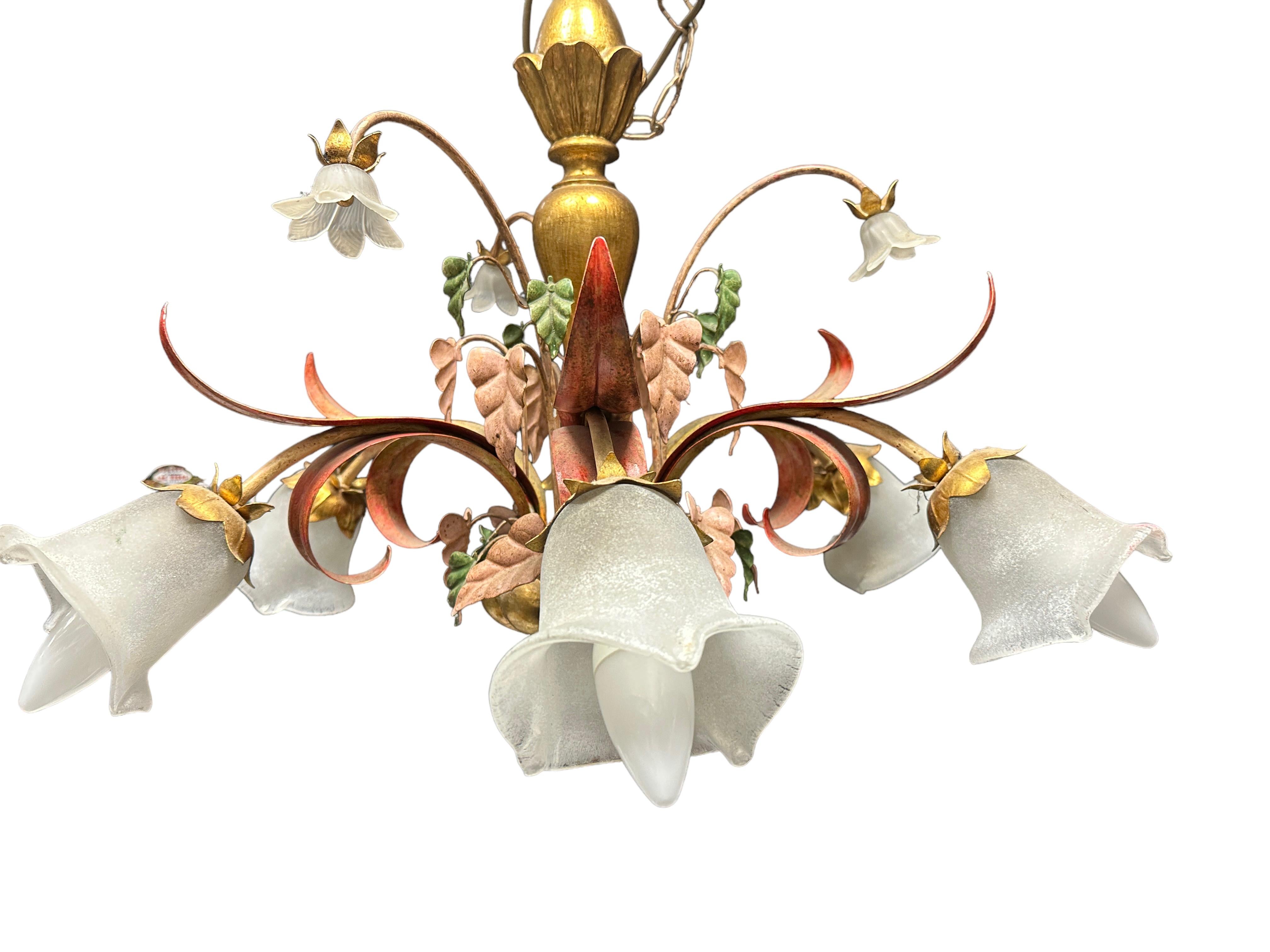 Late 20th Century Large Florentine Baroque Style Polychrome Wood 6 Light Chandelier Italy, 1980s For Sale