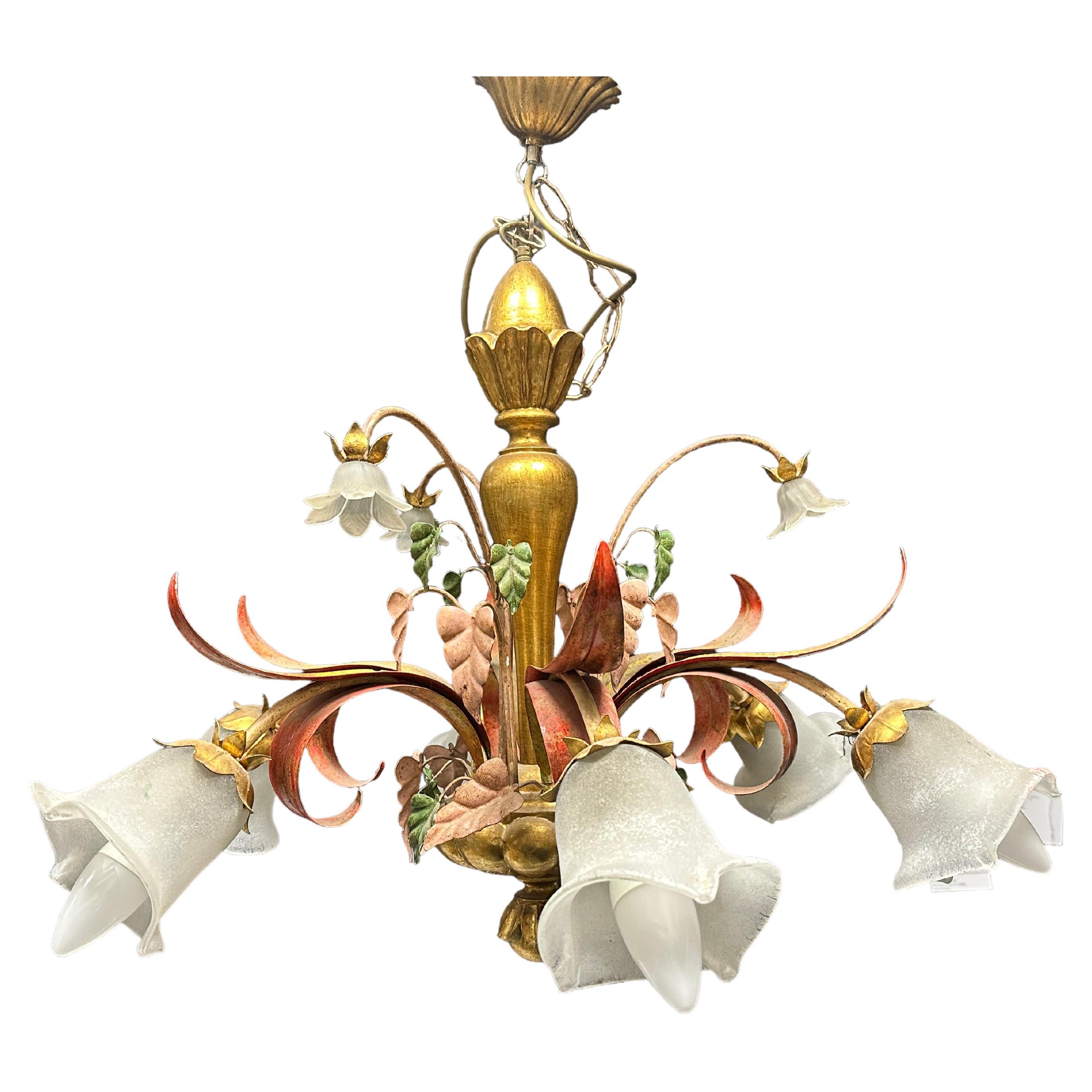 Large Florentine Baroque Style Polychrome Wood 6 Light Chandelier Italy, 1980s For Sale