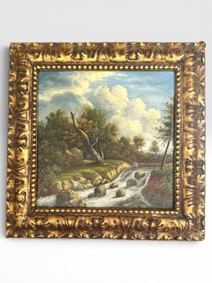 Grande scatola fiorentina in legno dorato con un dipinto di paesaggio olandese di J. van Ruisdael.