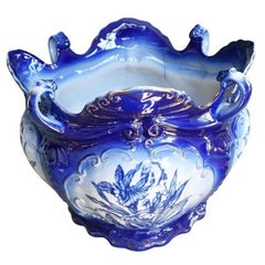Large Flow Blue Ceramic Staffordshire Planter with Floral Motif, 19th Century