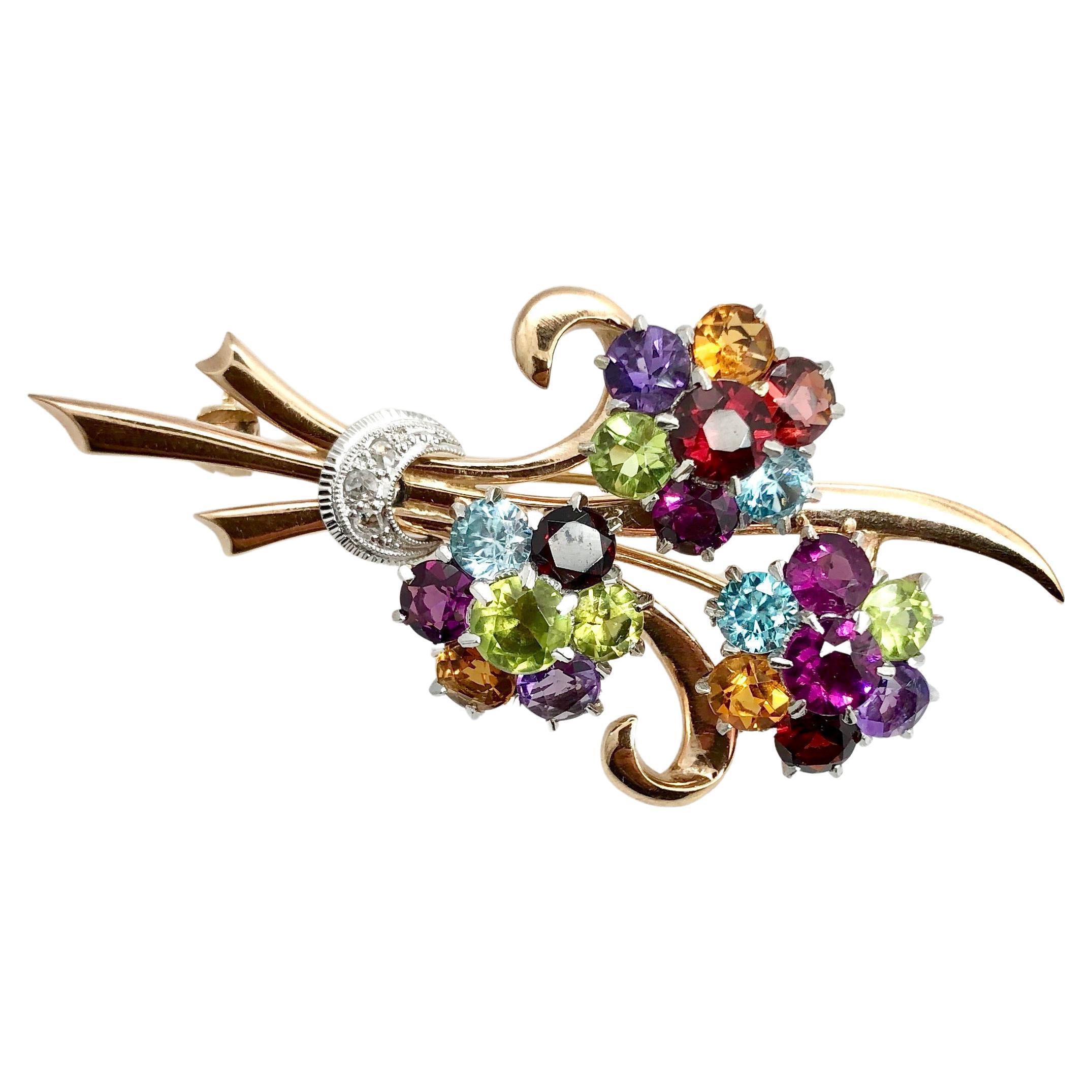 Large Flower Bouquet Gold Pin Brooch with Semi-Precious Stones