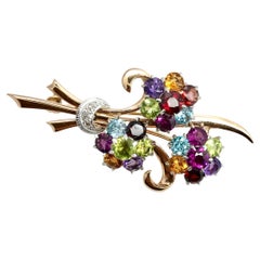Used Large Flower Bouquet Gold Pin Brooch with Semi-Precious Stones