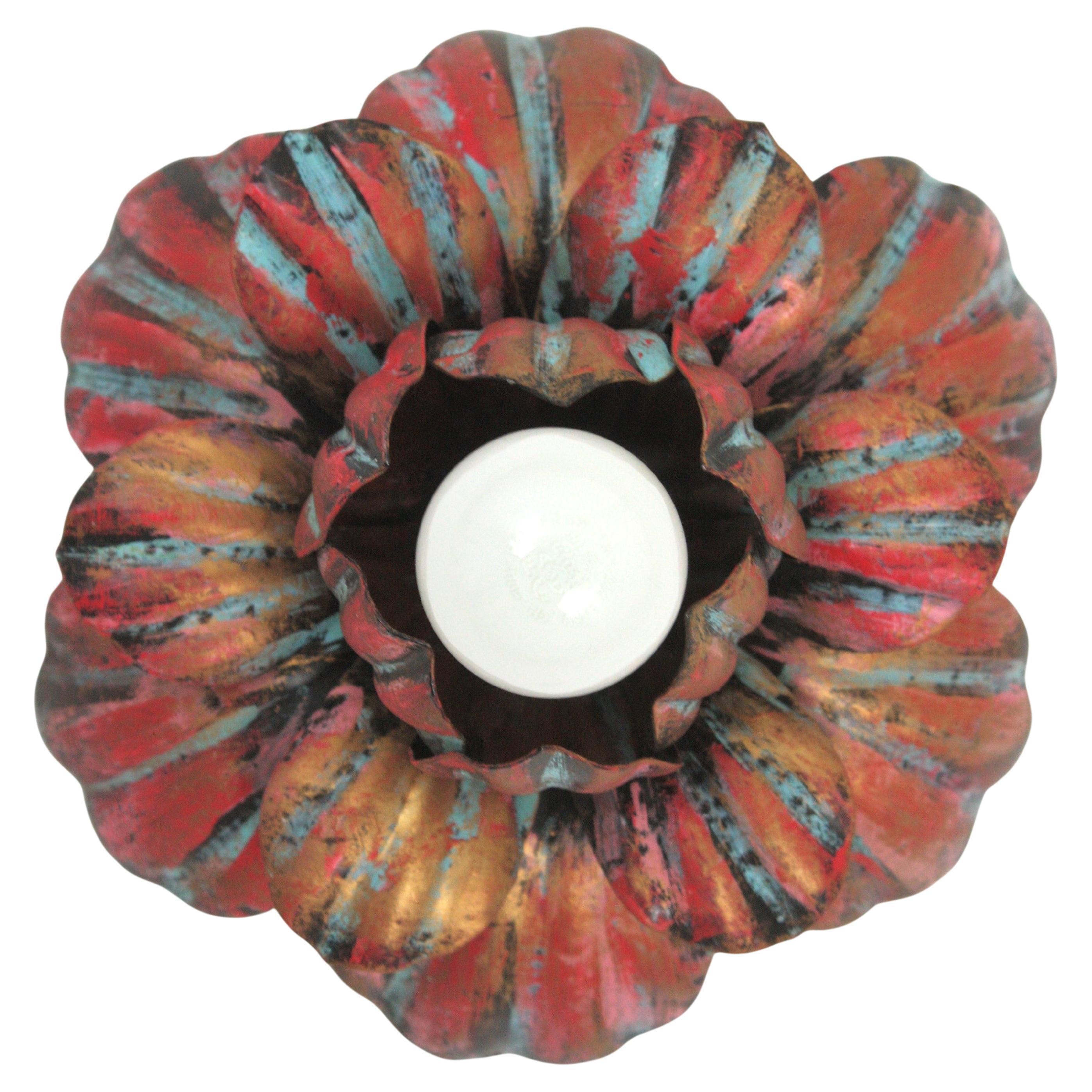 Monture affleurante en forme de fleur en métal doré rouge bleu noir Italie, années 1950.
Plafonnier attrayant en forme de bouton de fleur de pivoine.
Ce plafonnier en fer forgé à la main est joliment construit, avec des feuilles entourant la lumière