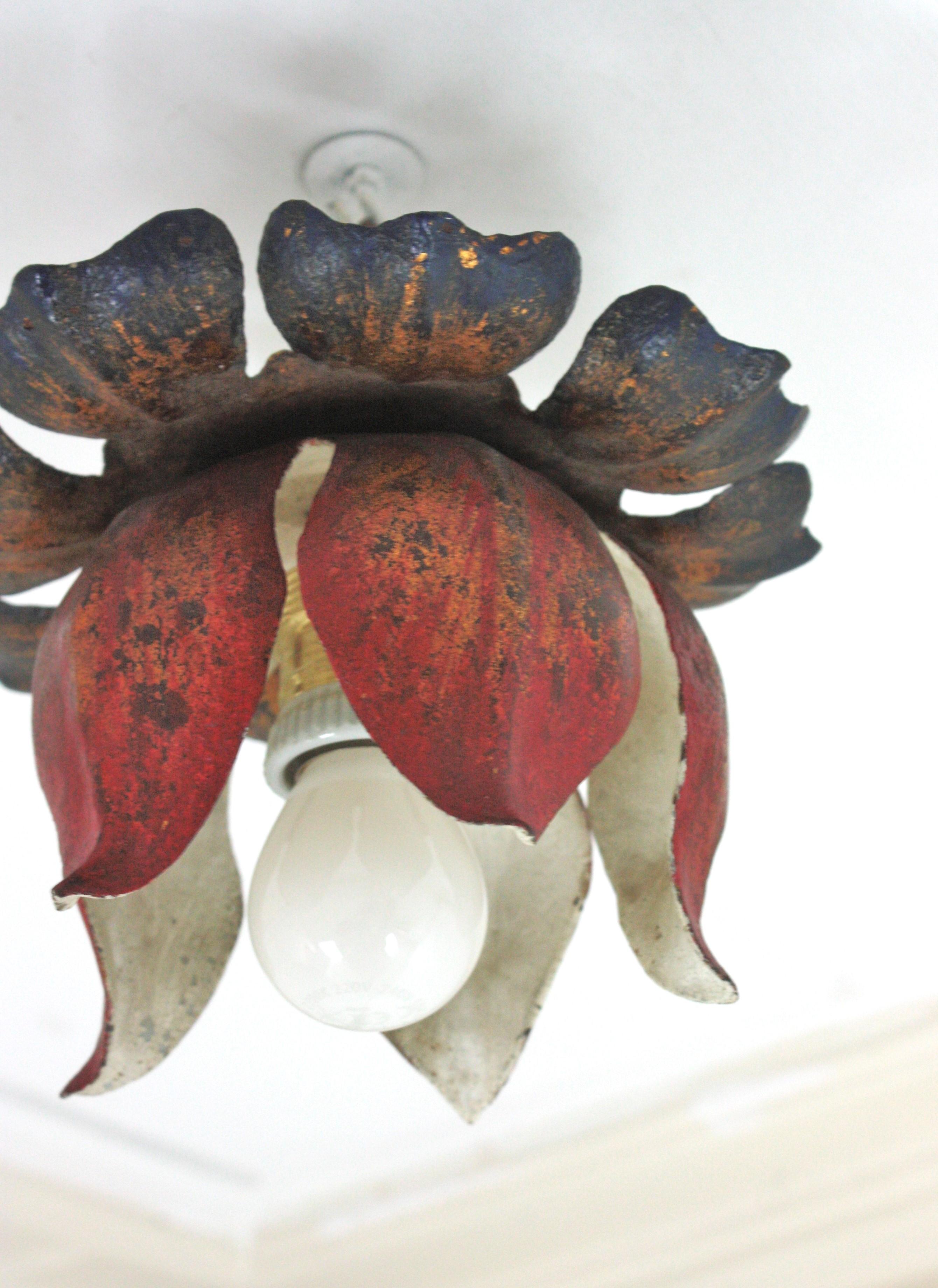 Large Flower Bud Red Polychromed Ceiling Light Fixture For Sale 2