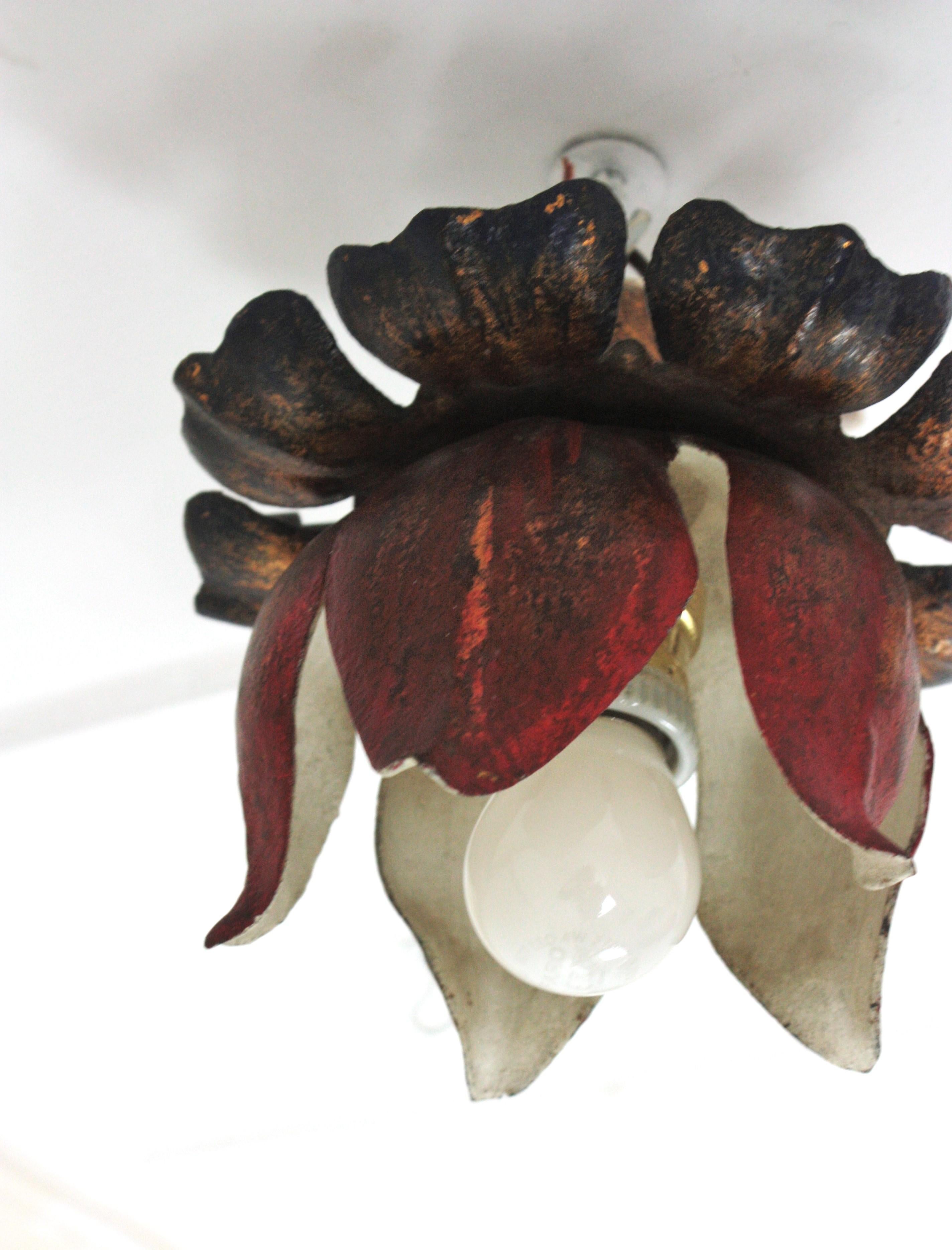 Large Flower Bud Red Polychromed Ceiling Light Fixture For Sale 3