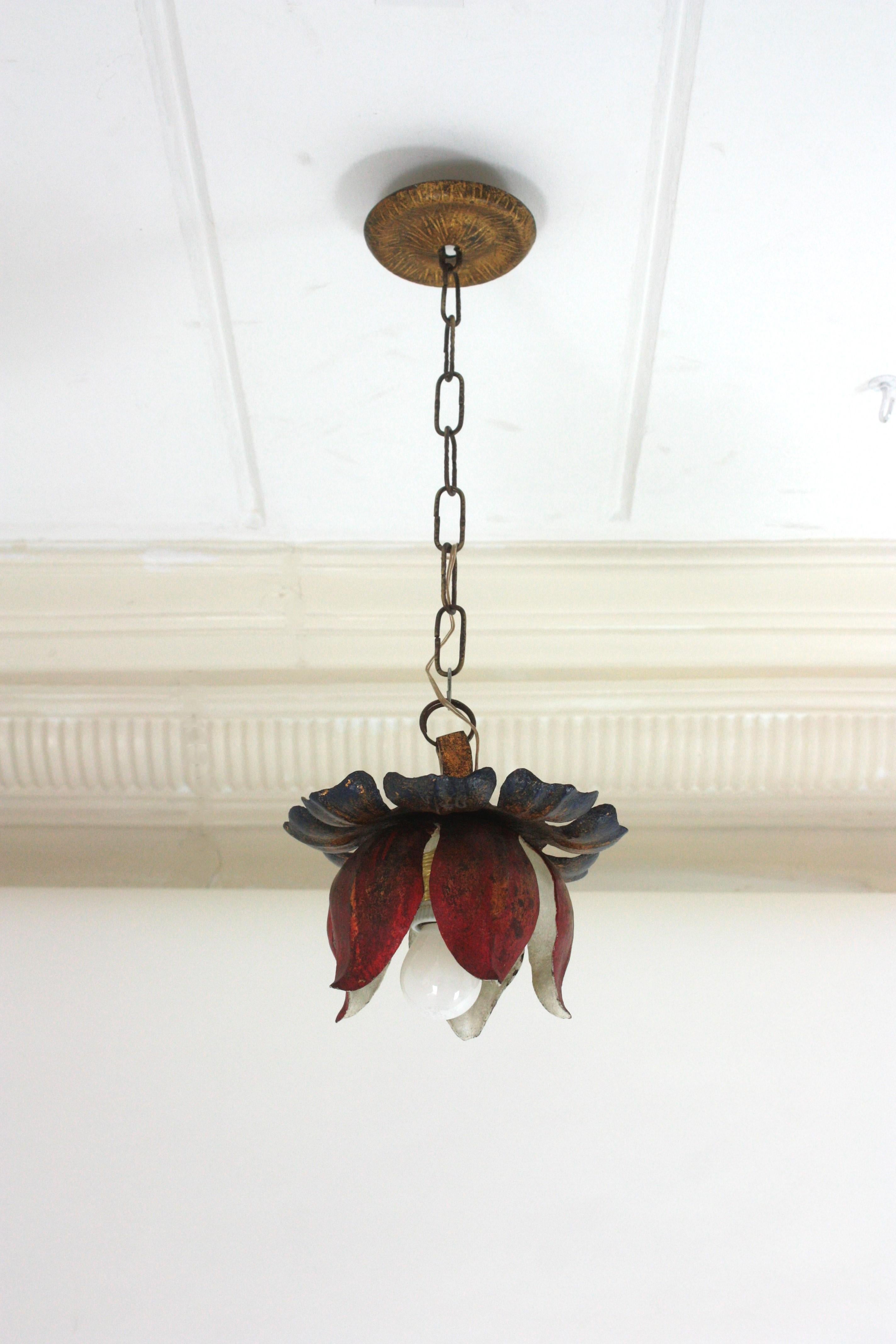 Large Flower Bud Red Polychromed Ceiling Light Fixture For Sale 4