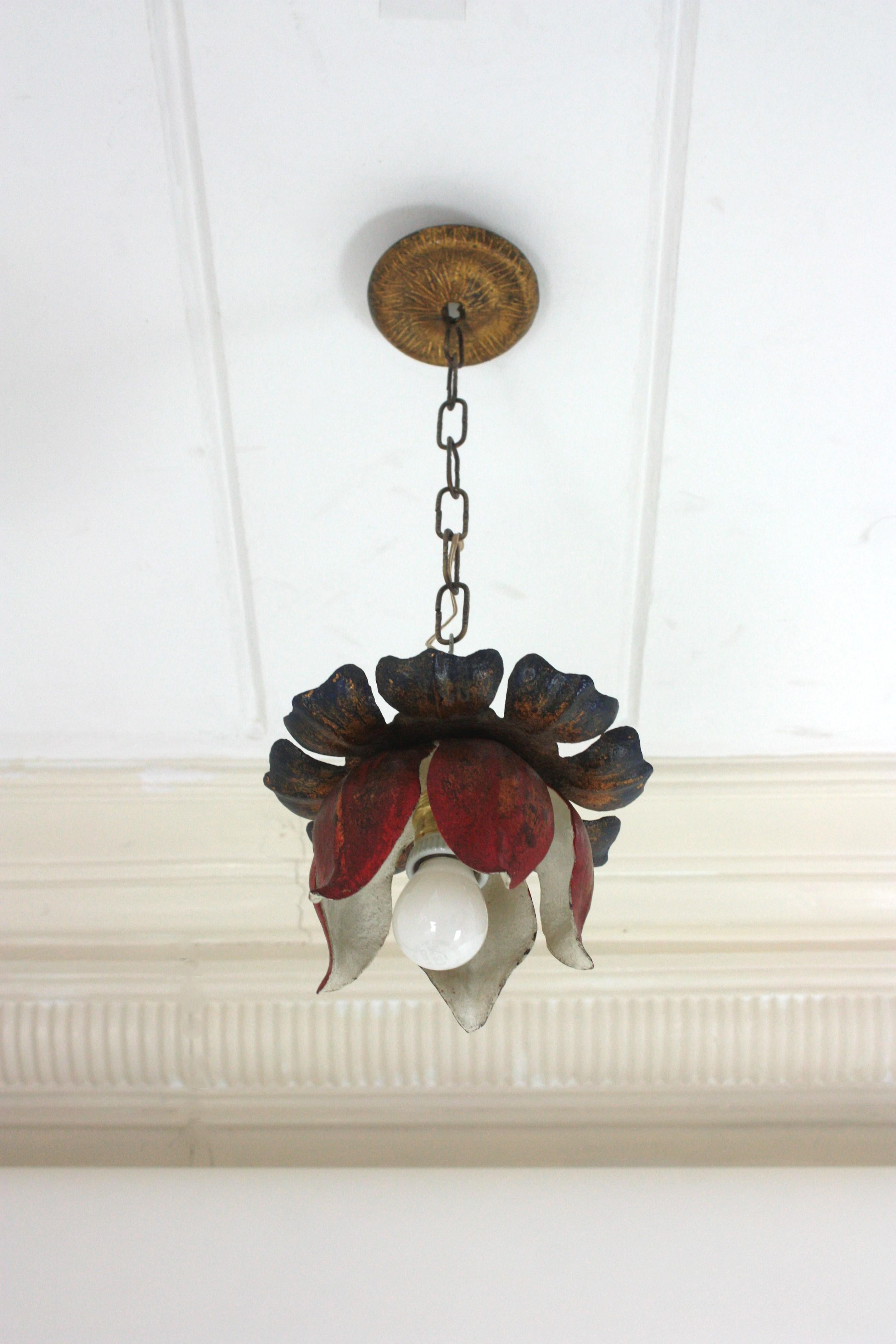 Large Flower Bud Red Polychromed Ceiling Light Fixture For Sale 5