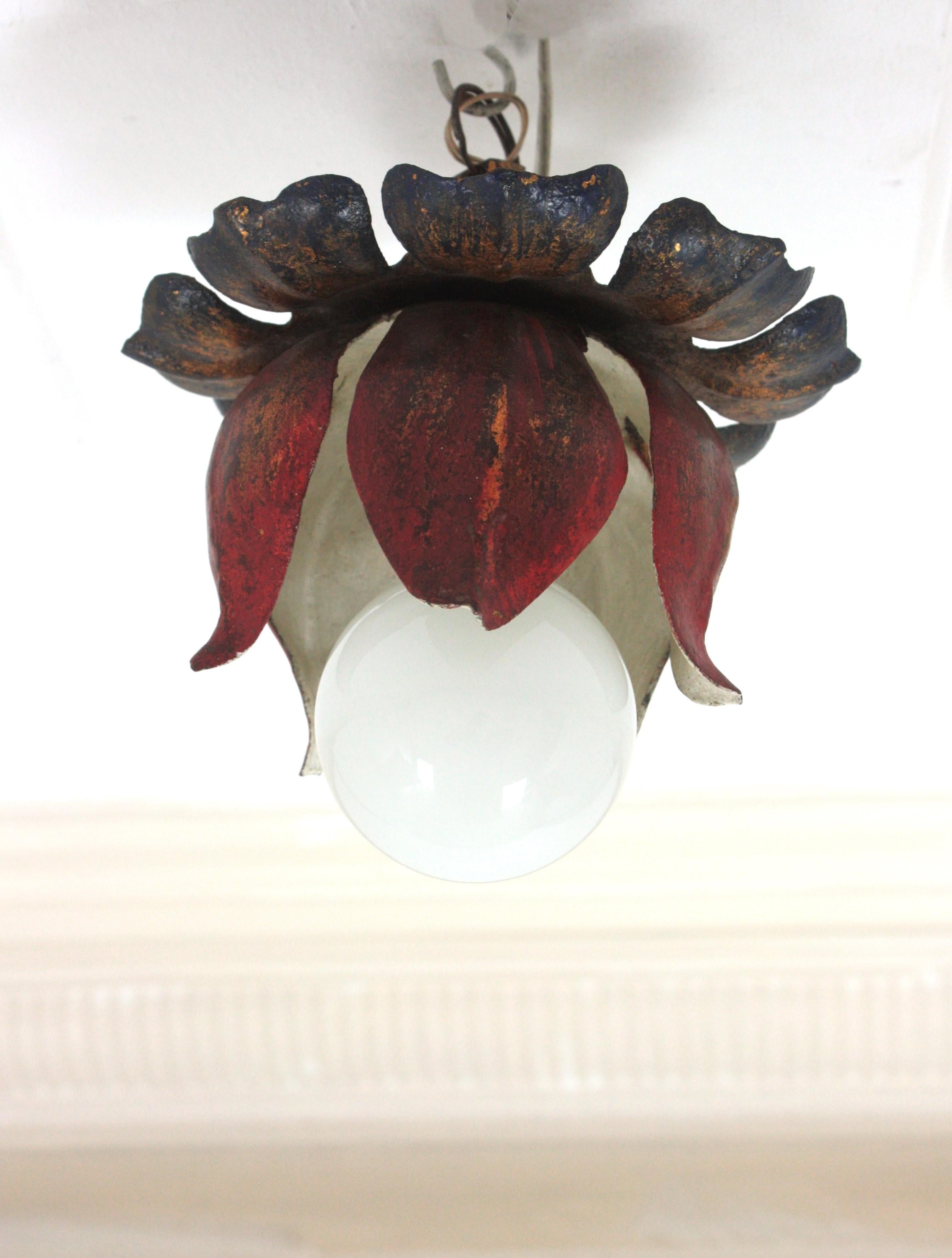 Large Flower Bud Red Polychromed Ceiling Light Fixture For Sale 7