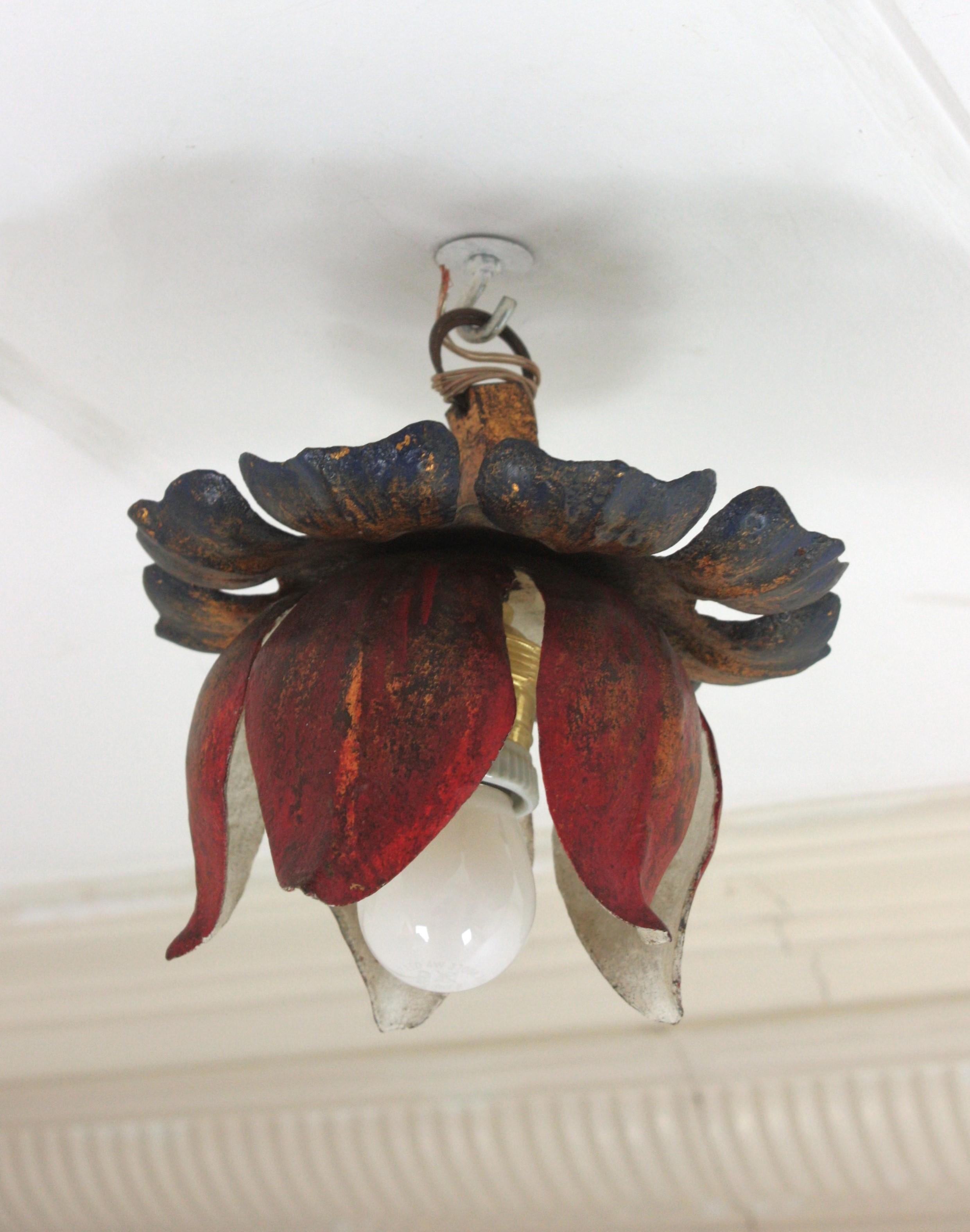 Large Flower Bud Red Polychromed Ceiling Light Fixture For Sale 8