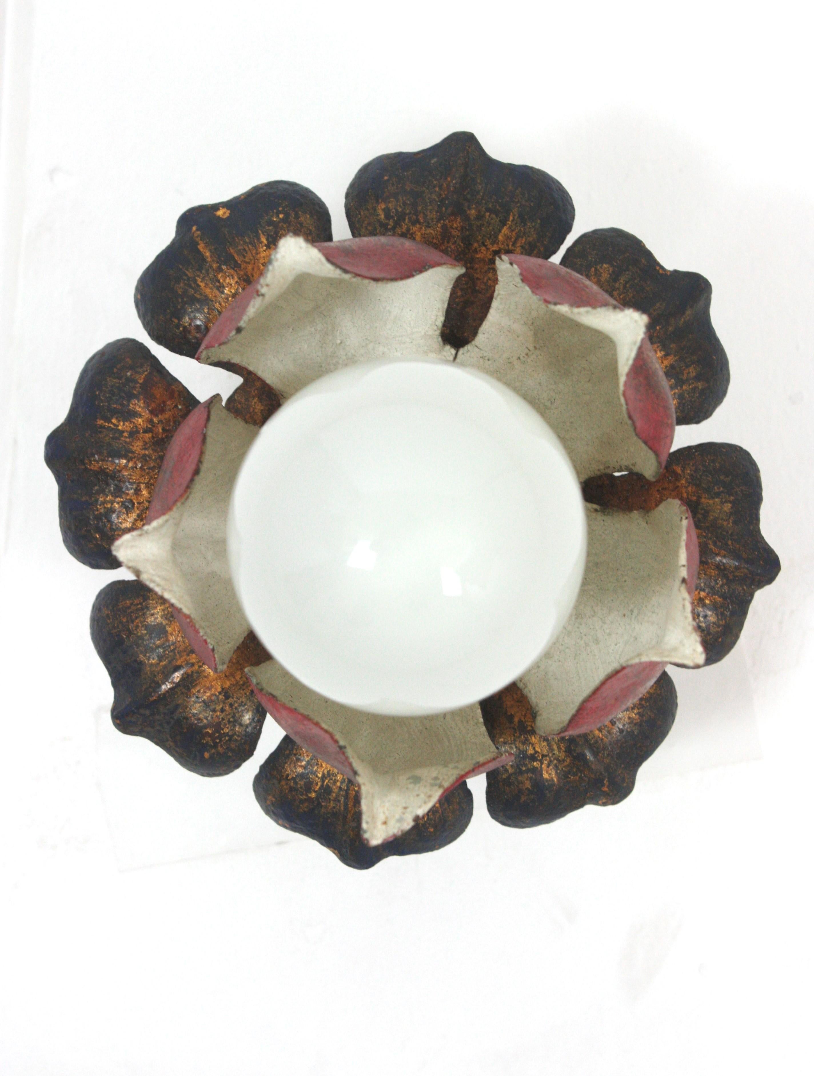 Large Flower Bud Red Polychromed Ceiling Light Fixture For Sale 9