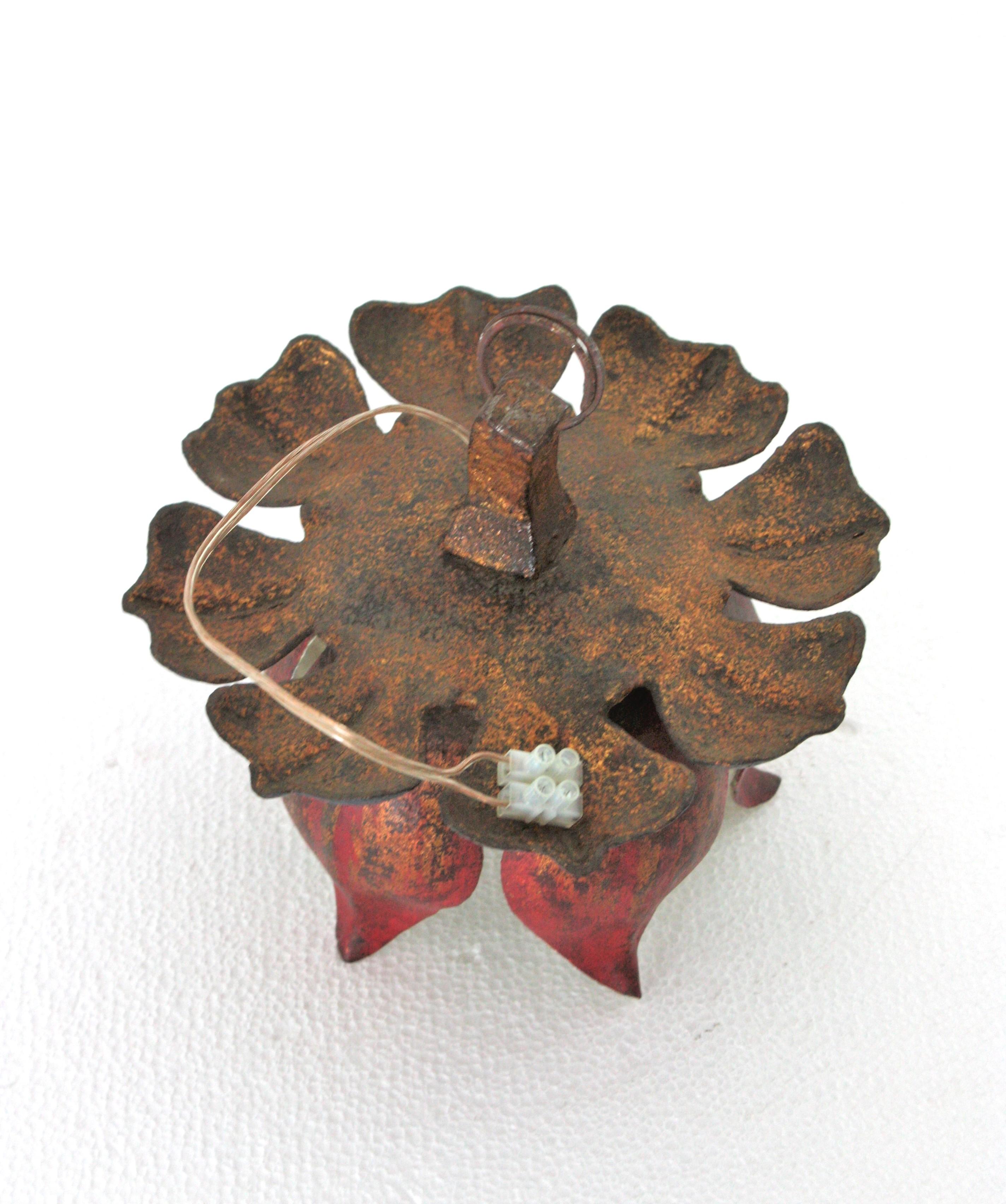 Large Flower Bud Red Polychromed Ceiling Light Fixture For Sale 11