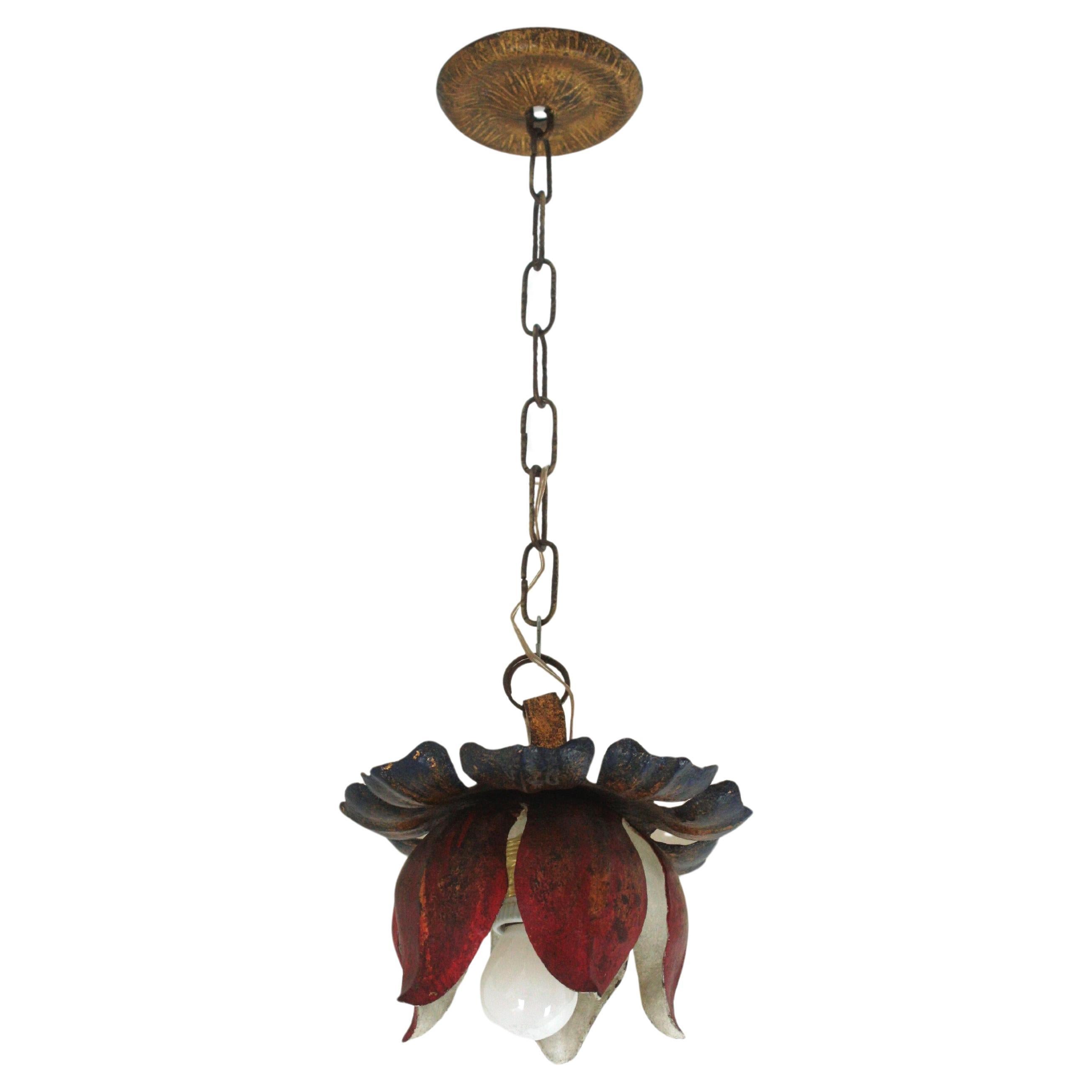 Flower Bud Shaped Light Fixture, Wrought Iron, Polychromed, Spain 1940s-1950s.
Eye-catching ceiling light in the shape of a flower bud. 
Rare find.
This hand-forged iron floral ceiling light fixture is nicely constructed. Entirely made by hand, with