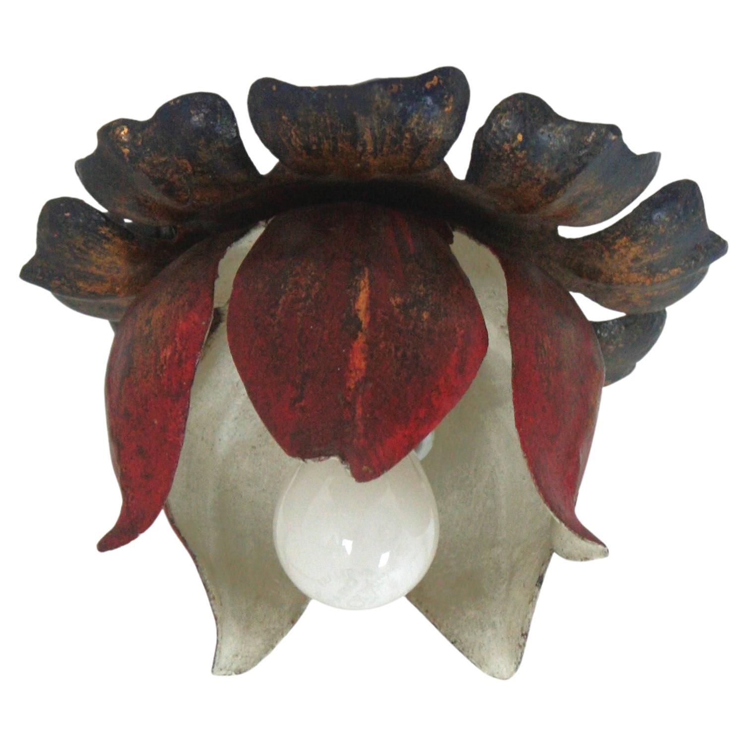Mid-Century Modern Large Flower Bud Red Polychromed Ceiling Light Fixture For Sale