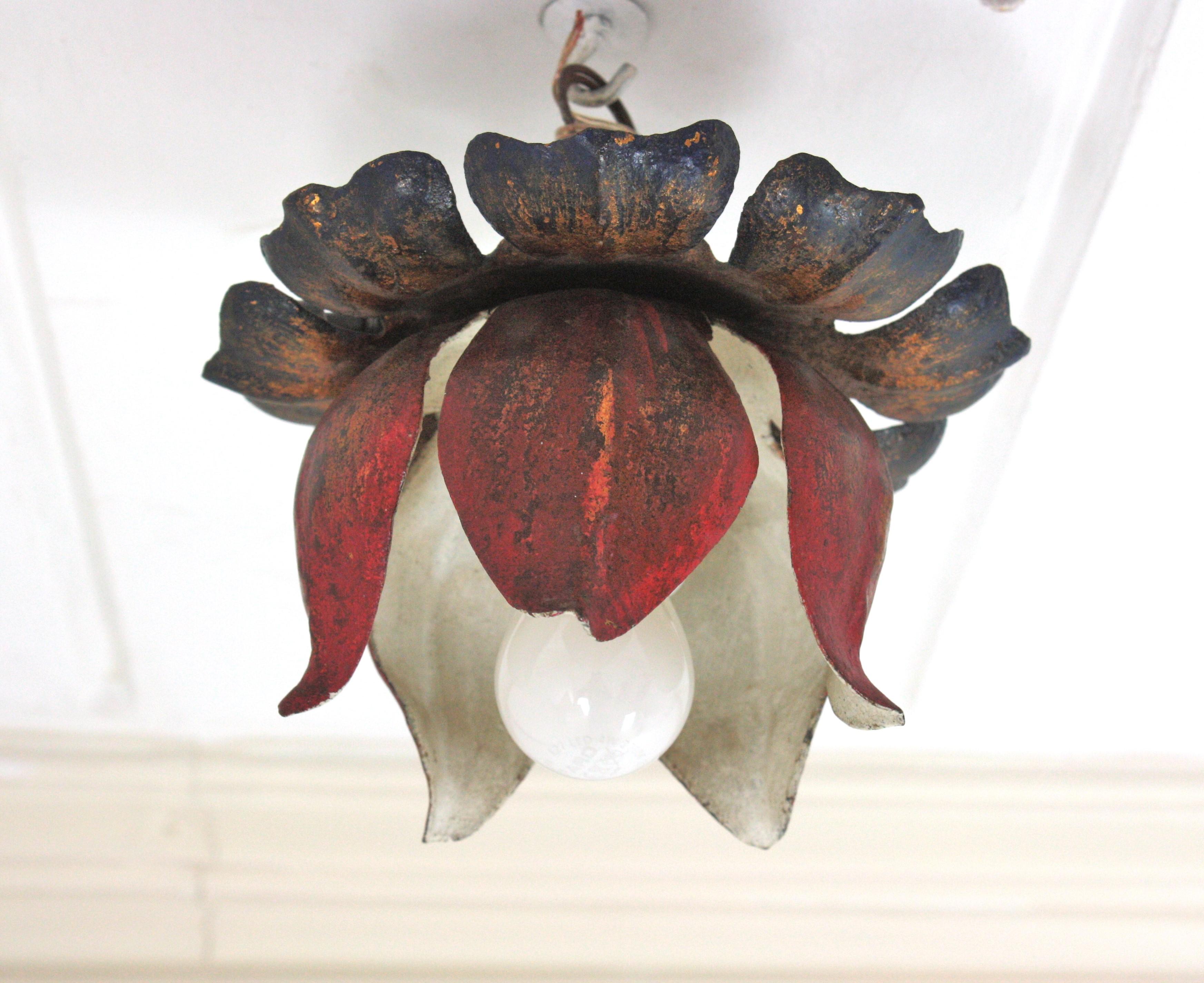 Gilt Large Flower Bud Red Polychromed Ceiling Light Fixture For Sale