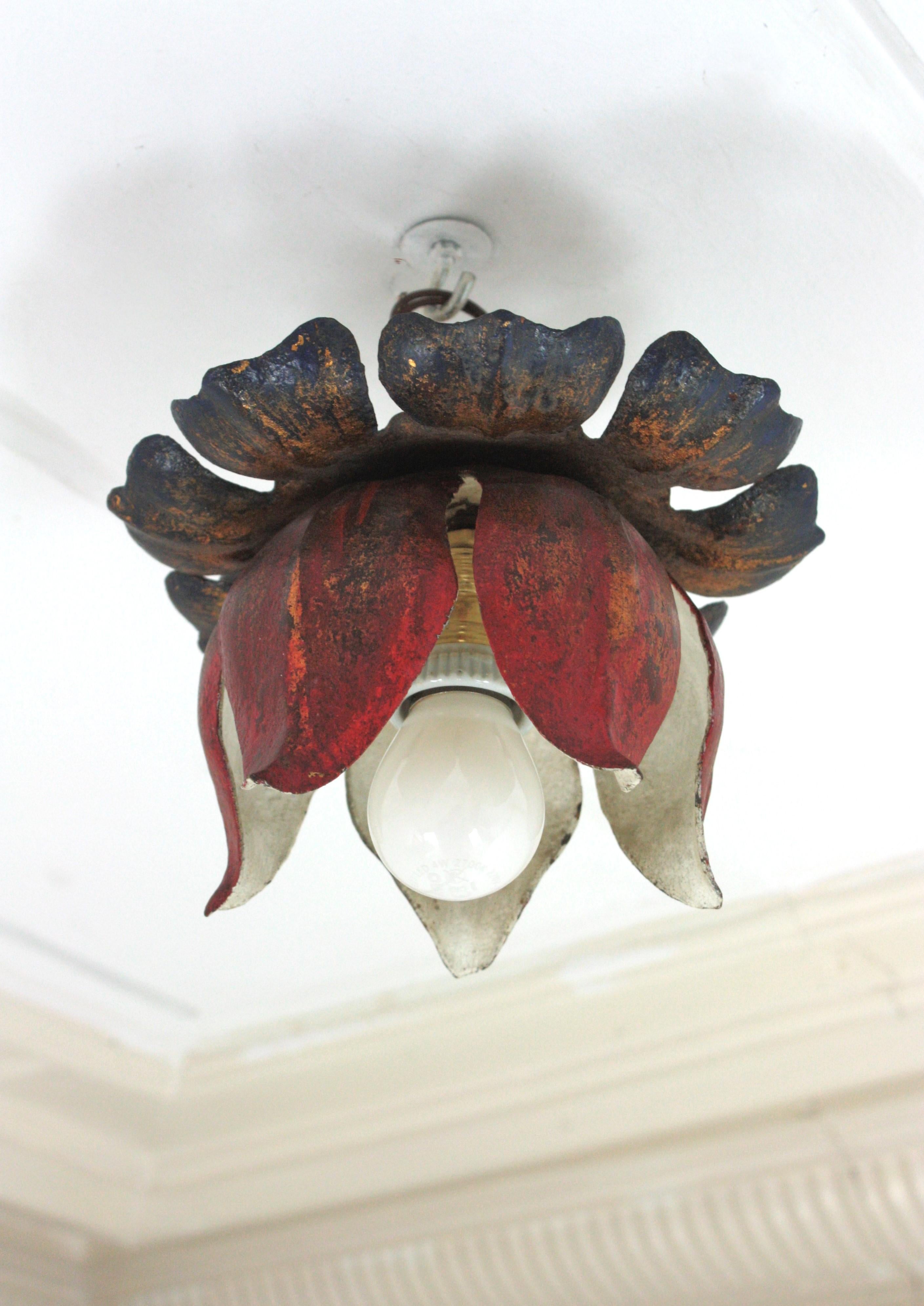 20th Century Large Flower Bud Red Polychromed Ceiling Light Fixture For Sale