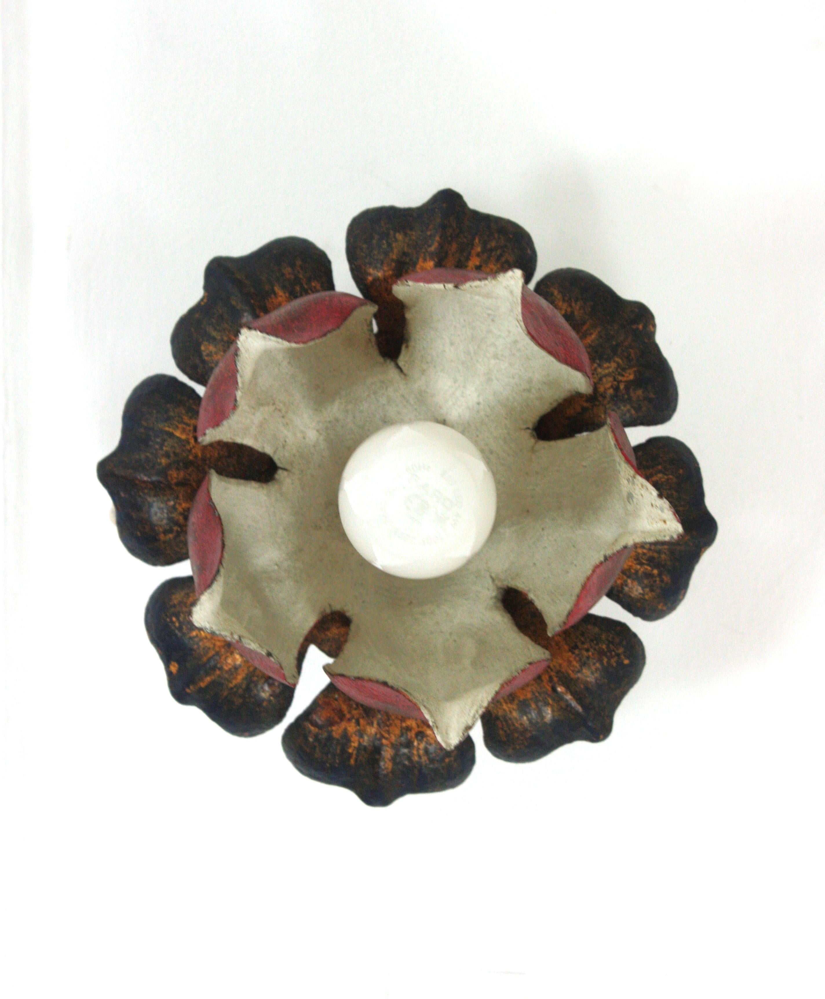 Metal Large Flower Bud Red Polychromed Ceiling Light Fixture For Sale