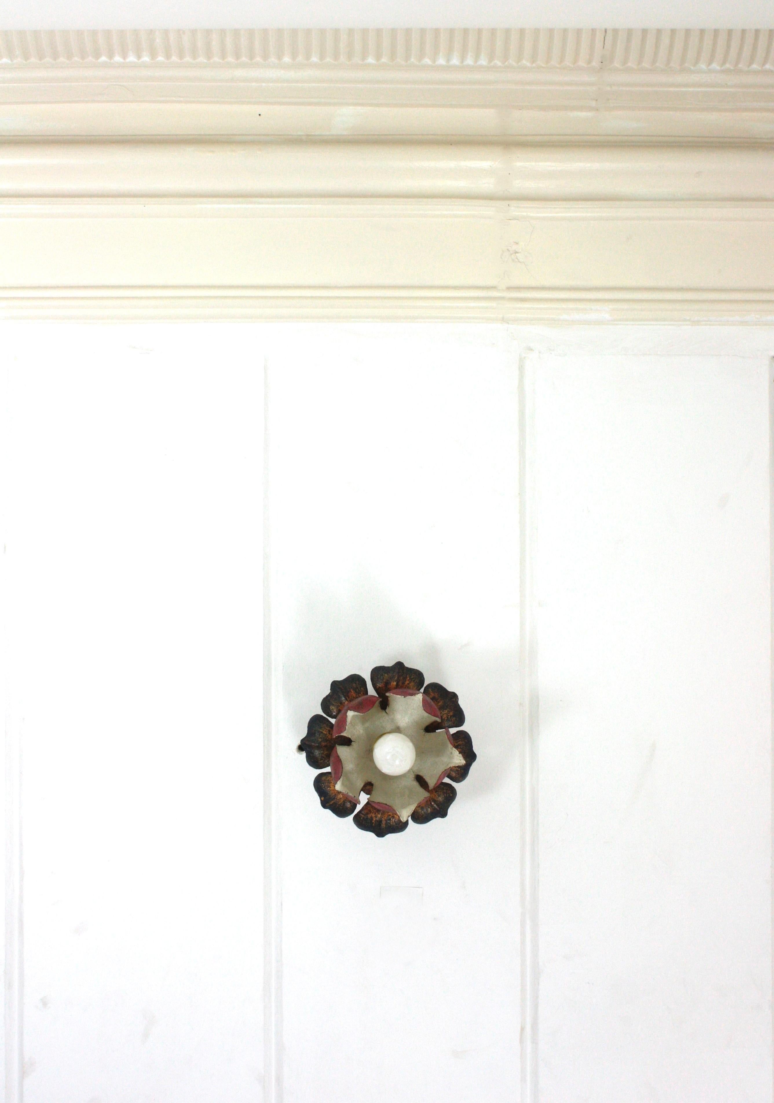 Large Flower Bud Red Polychromed Ceiling Light Fixture For Sale 1