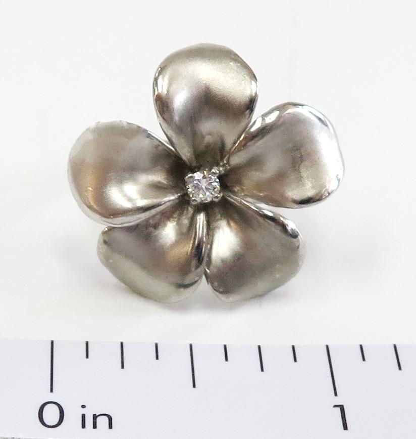 Large Flower Ring with Center Diamond / 14 Karat White Gold 4