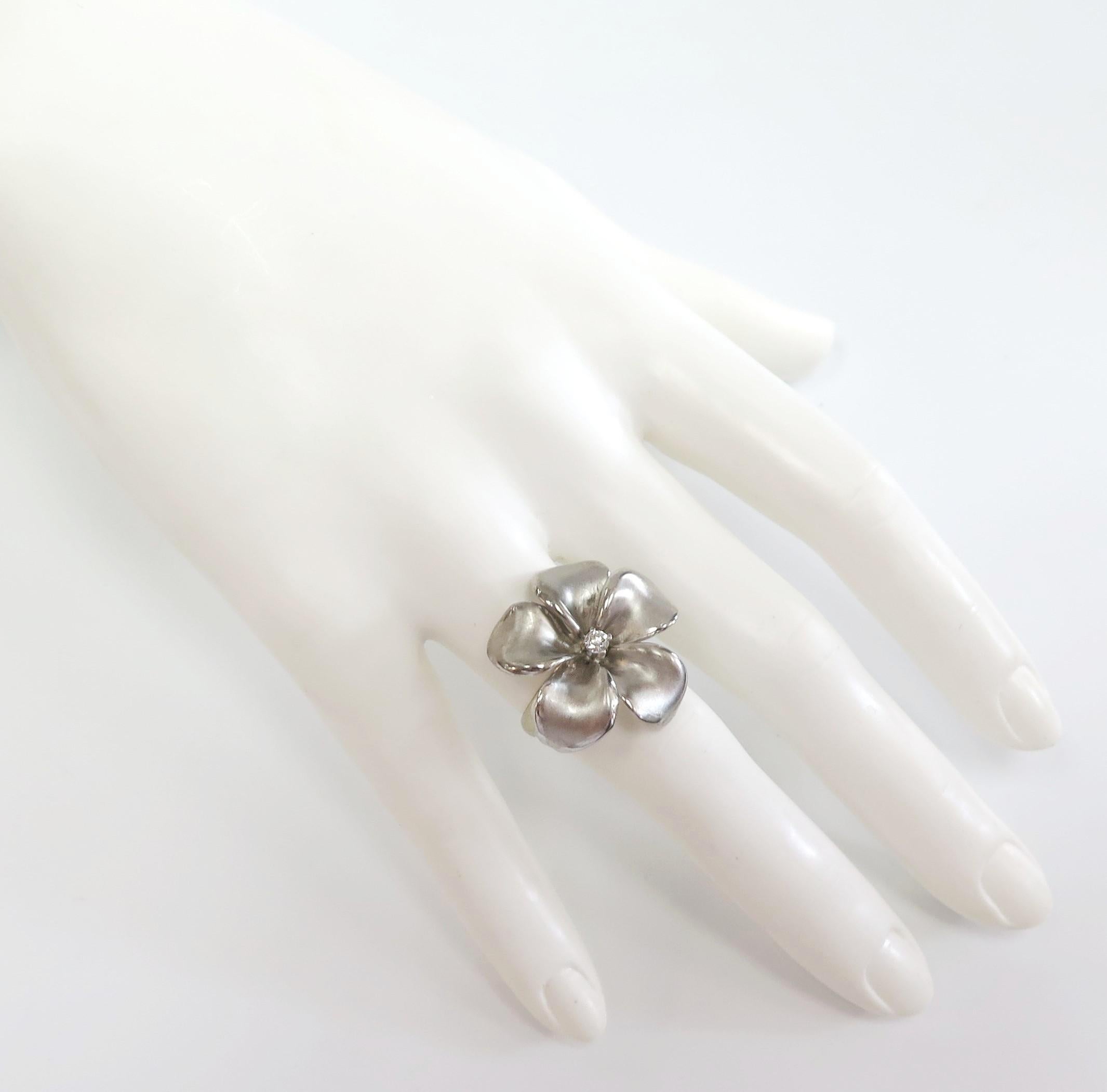 Modern Large Flower Ring with Center Diamond / 14 Karat White Gold