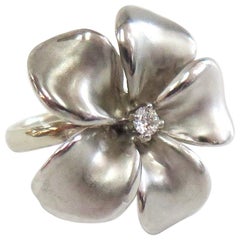 Large Flower Ring with Center Diamond / 14 Karat White Gold
