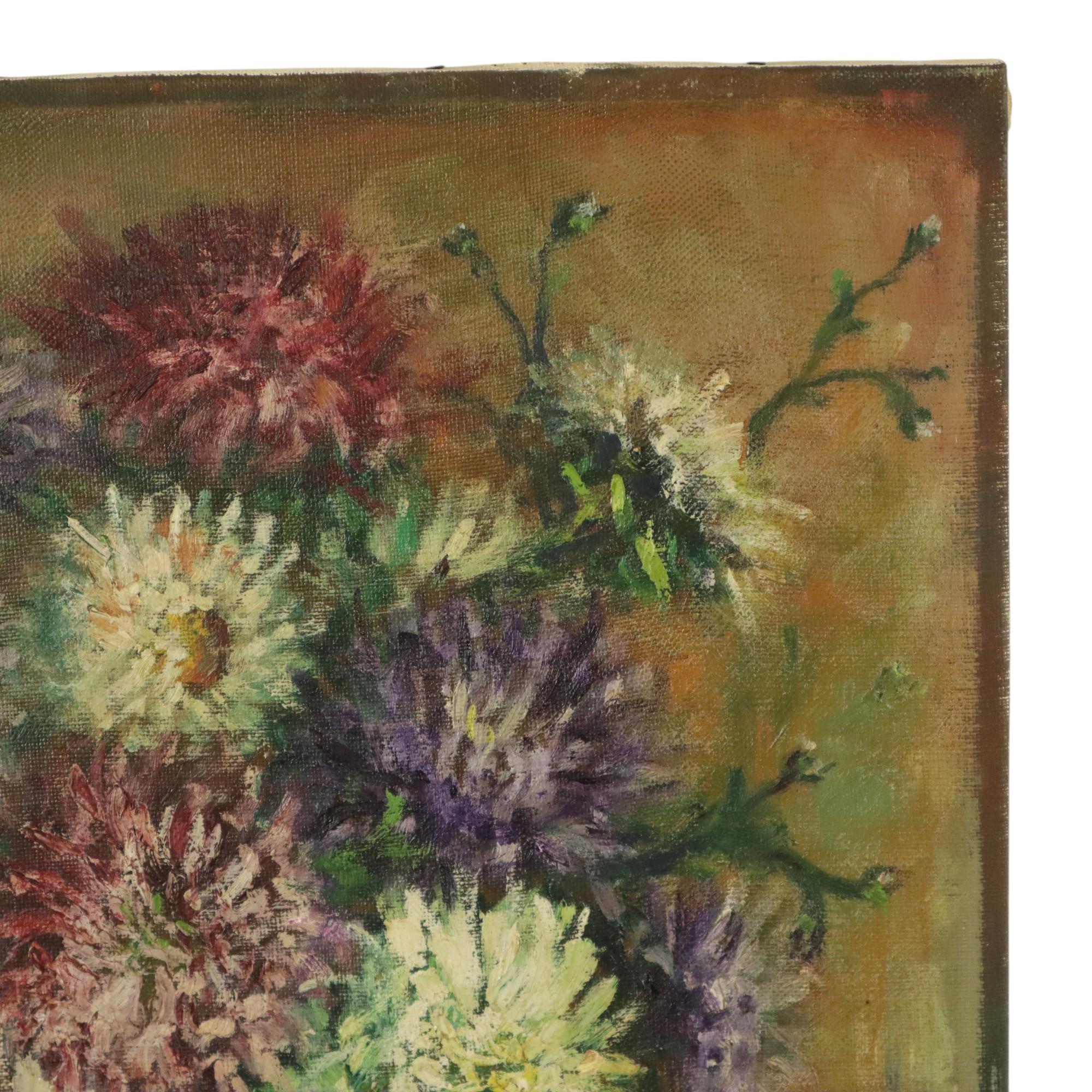 Großes Blumenstillleben, Gemälde Dahlien, signiert M. Vierstraete (Handbemalt) im Angebot
