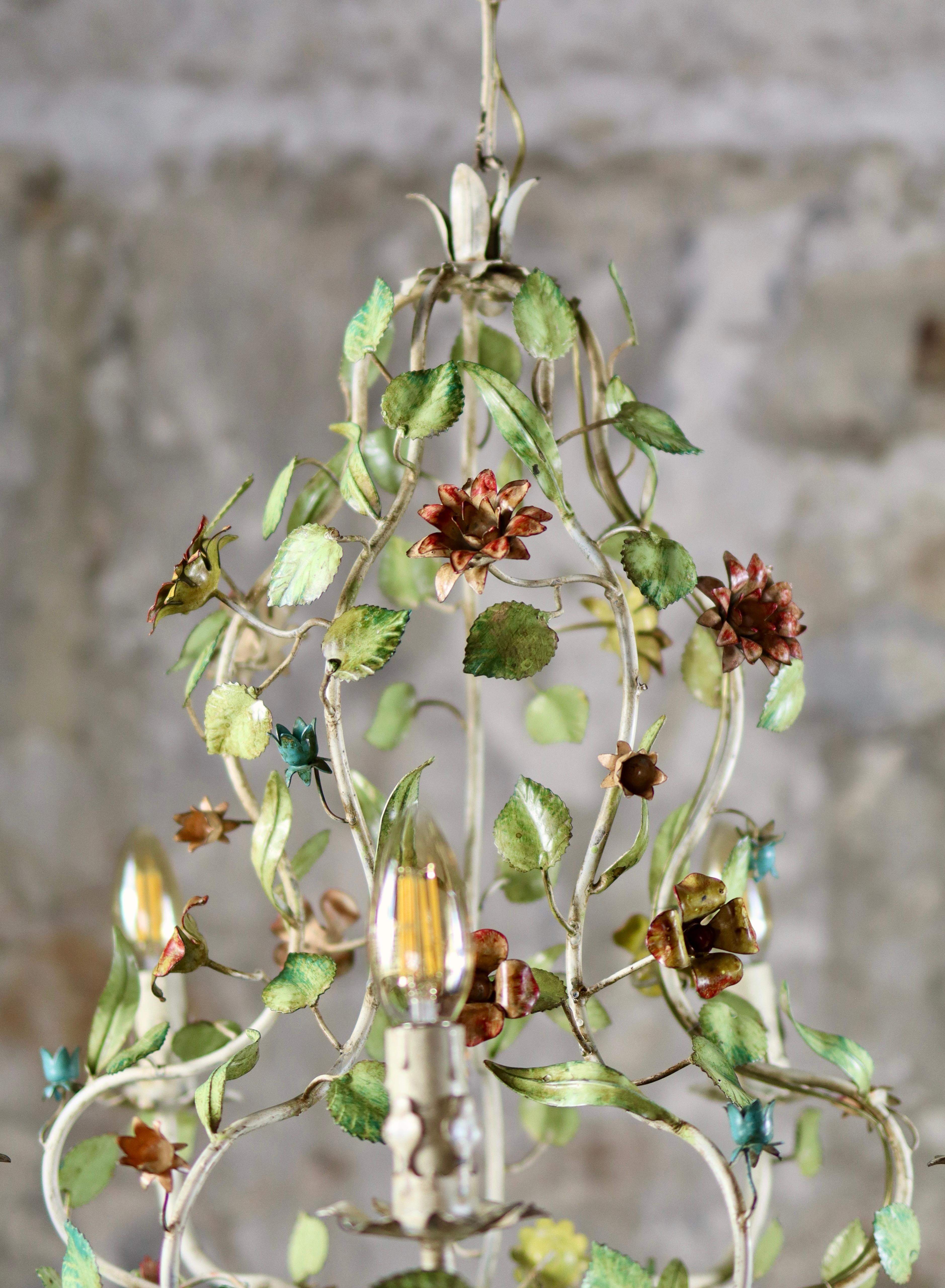 Italian Large flowers and leaves toleware chandelier from the 1940s, Italy