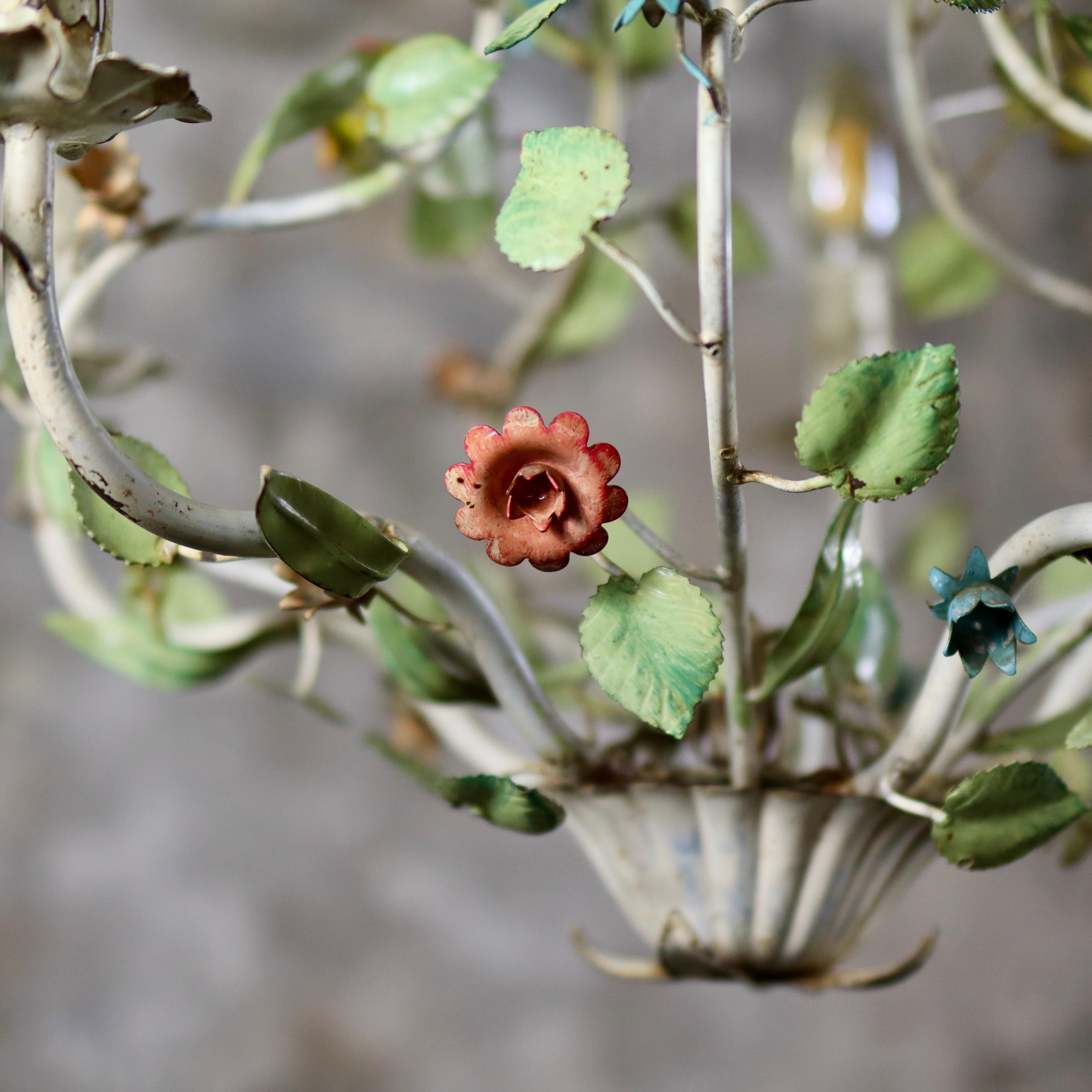Large flowers and leaves toleware chandelier from the 1940s, Italy 2