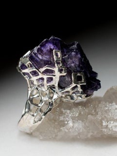 Large Fluorite Crystal Silver Ring Raw Deep Purple Ultraviolet Gemstone vintage