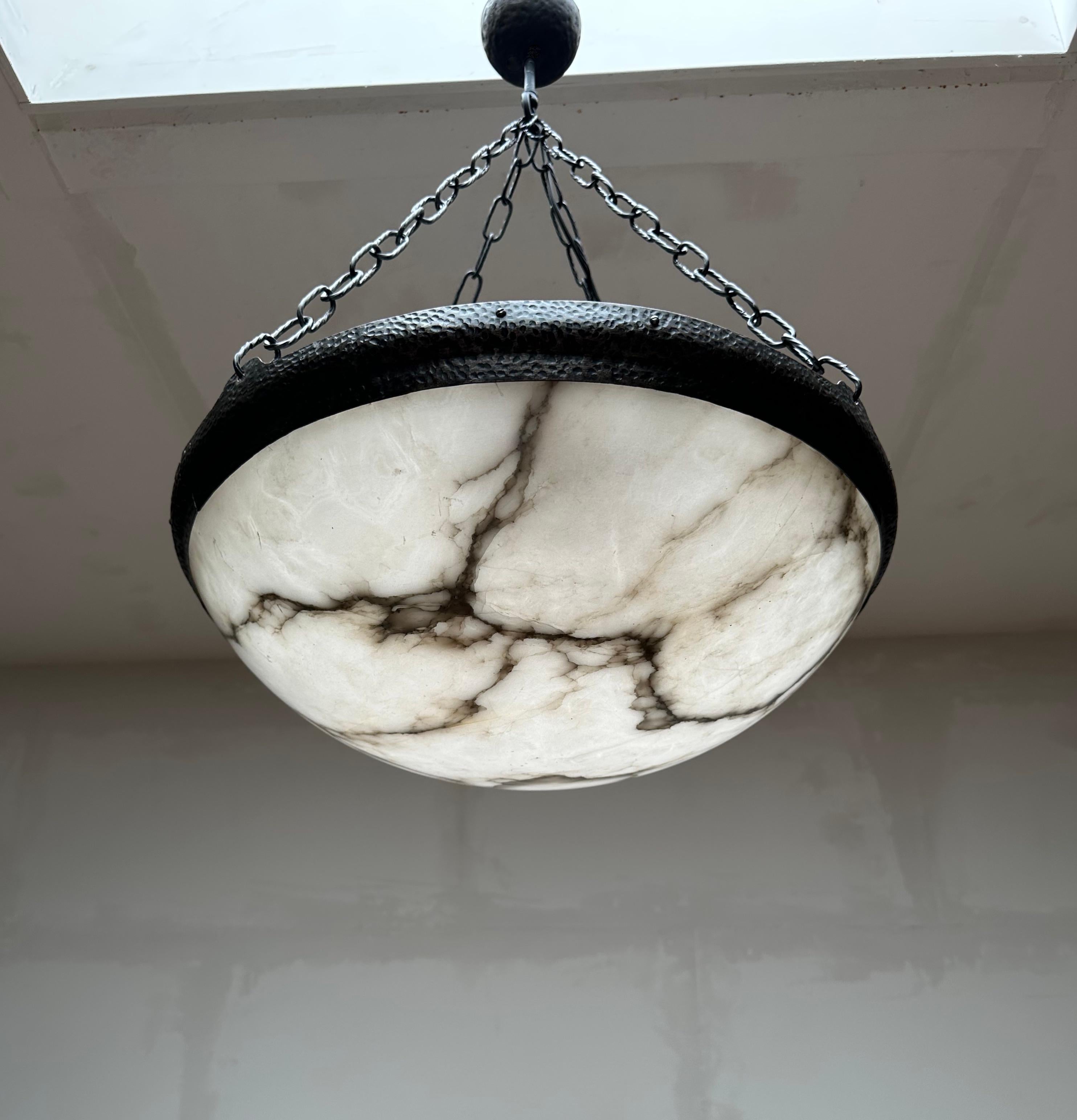 One of our largest and most stylish marble-like white alabaster with black veins pendant light.

This rare, extra large size alabaster light fixture also is of a beautiful design. The beautiful and perfectly polished surface of this alabaster shade