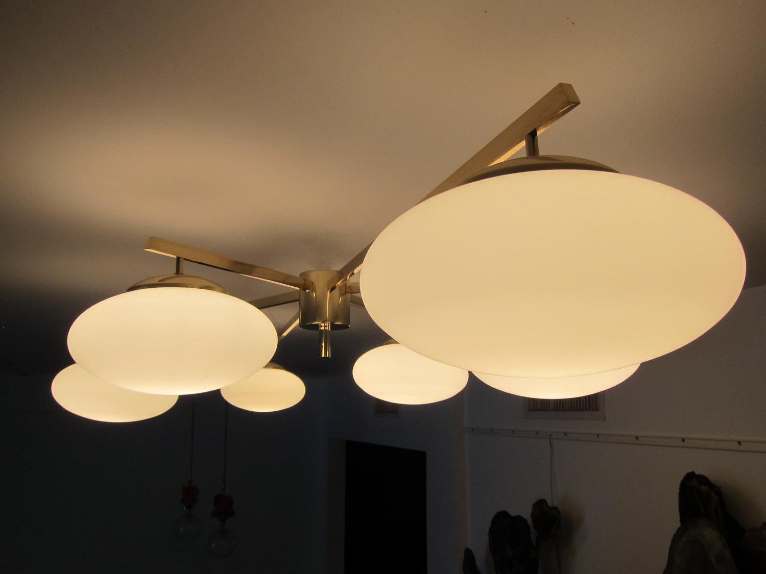 Mid-Century Modern Large Flush Mount Brass and Glass Ceiling Light, Italy