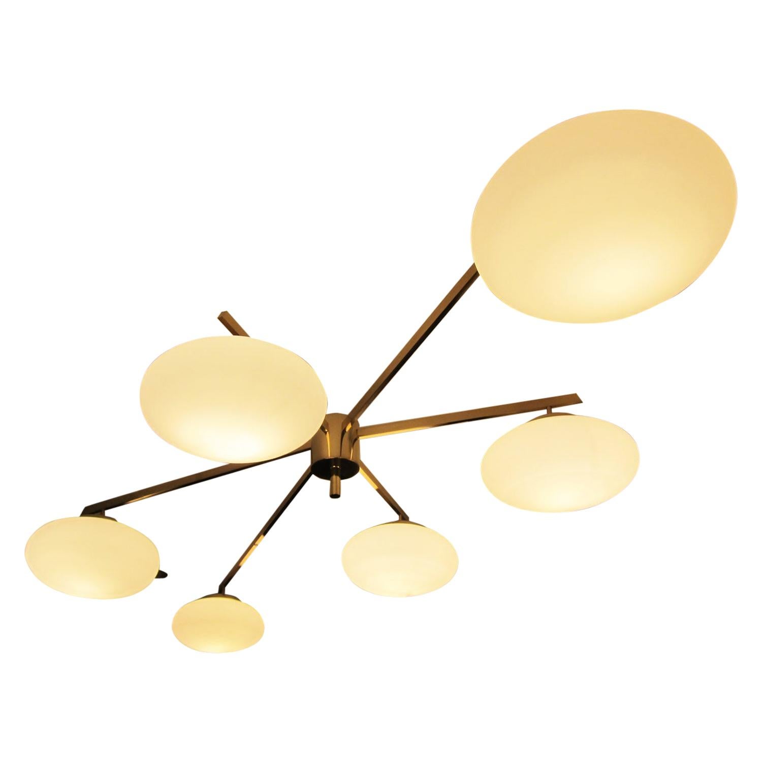 Large Flush Mount Brass and Glass Ceiling Light, Italy