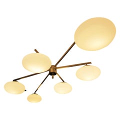 Large Flush Mount Brass and Glass Ceiling Light, Italy