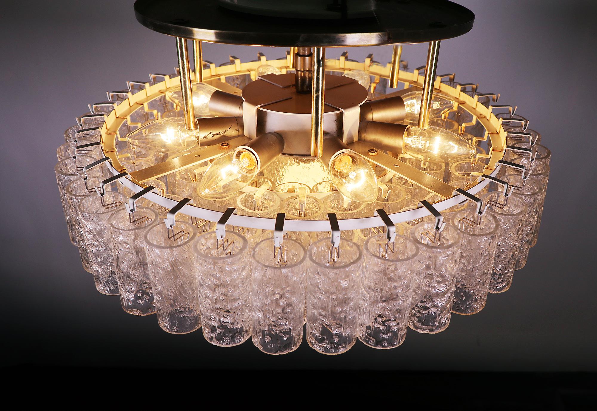 Mid-20th Century Large Flush Mount Chandelier Brass & Murano Glass Tubes by Doria, Germany 1960s